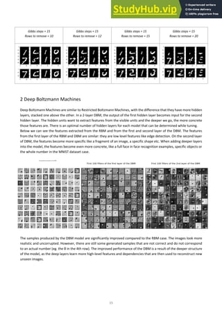 15
Gibbs steps = 15
Rows to remove = 10
Gibbs steps = 15
Rows to remove = 12
Gibbs steps = 15
Rows to remove = 15
Gibbs steps = 15
Rows to remove = 20
2 Deep Boltzmann Machines
Deep Boltzmann Machines are similar to Restricted Boltzmann Machines, with the difference that they have more hidden
layers, stacked one above the other. In a 2-layer DBM, the output of the first hidden layer becomes input for the second
hidden layer. The hidden units want to extract features from the visible units and the deeper we go, the more concrete
those features are. There is an optimal number of hidden layers for each model that can be determined while tuning.
Below we can see the features extracted from the RBM and from the first and second layer of the DBM. The features
from the first layer of the RBM and DBM are similar: they are low level features like edge detection. On the second layer
of DBM, the features become more specific like a fragment of an image, a specific shape etc. When adding deeper layers
into the model, the features become even more concrete, like a full face in face recognition examples, specific objects or
the whole number in the MNIST dataset case.
The samples produced by the DBM model are significantly improved compared to the RBM case. The images look more
realistic and uncorrupted. However, there are still some generated samples that are not correct and do not correspond
to an actual number (eg. the θ in the 4th row). The improved performance of the DBM is a result of the deeper structure
of the model, as the deep layers learn more high-level features and dependencies that are then used to reconstruct new
unseen images.
 