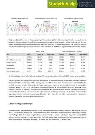 3
Levenberg-Marquardt vs GD GD with adaptive learning rate vs GD Fletcher-Reeves vs Polak-Ribiere
We proceed by adding noise to the data, training the models using different training algorithms like previously and by
calculating the mean squared error of the estimated outputs compared to the noiseless y values. In this case, the Fletcher-
Reeves, Polak-Ribiere and Levenberg-Marquardt algorithm after only 15 epochs approximate the underlying function
with the smallest training error, despite the noise in the data. Overall, the MSE are higher when there is noise in the data.
Without Noise With Noise 0.1*randn(1,length(y))
MSE Epoch 1 Epochs 15 Epochs 1000 Epoch 1 Epochs 15 Epochs 1000
GD 368.84% 185.40% 32.75% 572.02% 299.55% 21.27%
GD w Adaptive Learning 269.16% 176.25% 11.12% 601.91% 169.35% 11.67%
Fletcher-Reeves 206.56% 23.97% 0.09% 372.37% 19.77% 0.56%
Polak-Ribiere 237.89% 19.13% 0.10% 249.84% 41.75% 0.59%
quasi Newton 156.63% 11.30% 0.03% 314.56% 8.22% 0.70%
Levenberg-Marquardt 11.59% 0.01% 1.90E-09 12.85% 0.59% 0.71%
All the models get trained within a few seconds, with the longest being the training with 1000 epochs which lasts 3sec.
The basic gradient descent algorithm yields low performance, as the direction of the weights while training is not always
the direction of the local minima and the learning rate is an arbitrary fixed value. Those issues are tackled with Newton
method, where we consider the second order Taylor expansion in a point x* where gradient is zero. By analysing the
equations, we get w* = w - H-1
g, therefore the optimal weight vector w* is an update of the current weights w moving
towards a direction of gradient g, using a learning parameters H-1
, the inverse of the Hessian. Levenberg-Marquardt is
based on Newton method and it imposes the extra constraint of the step size ||Δx||2 = 1, therefore we consider the
Lagrangian. From the optimality conditions we obtain Δx = -[H + λΙ]-1
g. The term λΙ is a positive definite matrix that is
added to the Hessian in order to avoid ill-conditioning.
1.2 Personal Regression Example
In order to create the independent samples for the training and evaluation of Neural Networks, we merge all the data
(X1, X2, Tnew) into one matrix p with 3 rows and 13600 columns, in which the rows correspond to the two input variables
and the Target data. Afterwards, using the datasample command, we create 3 subsets out of p, with 3 rows and 1000
columns each. For training the model, we will use the first 2 rows as input variables and the last row as target data. In
order to visualize the training set, we create a 3D scatter plot with dimensions X1, X2 and Tnew.
 