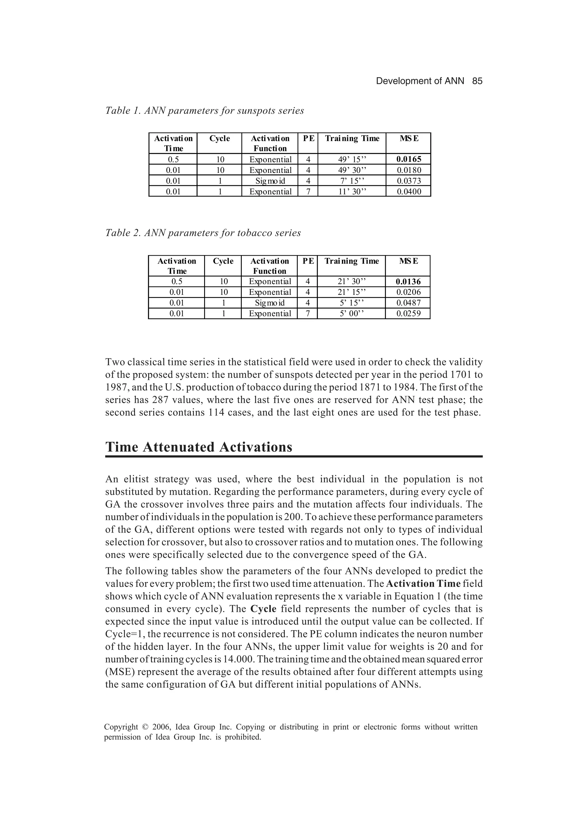 Development of ANN 85 Copyright © 2006, Idea Group Inc. Copying or distributing in print or electronic forms without written permission of Idea Group Inc. is prohibited. Two classical time series in the statistical field were used in order to check the validity of the proposed system: the number of sunspots detected per year in the period 1701 to 1987, and the U.S. production of tobacco during the period 1871 to 1984. The first of the series has 287 values, where the last five ones are reserved for ANN test phase; the second series contains 114 cases, and the last eight ones are used for the test phase. Time Attenuated Activations An elitist strategy was used, where the best individual in the population is not substituted by mutation. Regarding the performance parameters, during every cycle of GA the crossover involves three pairs and the mutation affects four individuals. The number of individuals in the population is 200. To achieve these performance parameters of the GA, different options were tested with regards not only to types of individual selection for crossover, but also to crossover ratios and to mutation ones. The following ones were specifically selected due to the convergence speed of the GA. The following tables show the parameters of the four ANNs developed to predict the values for every problem; the first two used time attenuation. The Activation Time field shows which cycle of ANN evaluation represents the x variable in Equation 1 (the time consumed in every cycle). The Cycle field represents the number of cycles that is expected since the input value is introduced until the output value can be collected. If Cycle=1, the recurrence is not considered. The PE column indicates the neuron number of the hidden layer. In the four ANNs, the upper limit value for weights is 20 and for number of training cycles is 14.000. The training time and the obtained mean squared error (MSE) represent the average of the results obtained after four different attempts using the same configuration of GA but different initial populations of ANNs. Table 1. ANN parameters for sunspots series Table 2. ANN parameters for tobacco series Activation Time Cycle Activation Function PE Training Time MSE 0.5 10 Exponential 4 49’ 15’’ 0.0165 0.01 10 Exponential 4 49’ 30’’ 0.0180 0.01 1 Sigmoid 4 7’ 15’’ 0.0373 0.01 1 Exponential 7 11’ 30’’ 0.0400 Activation Time Cycle Activation Function PE Training Time MSE 0.5 10 Exponential 4 21’ 30’’ 0.0136 0.01 10 Exponential 4 21’ 15’’ 0.0206 0.01 1 Sigmoid 4 5’ 15’’ 0.0487 0.01 1 Exponential 7 5’ 00’’ 0.0259 