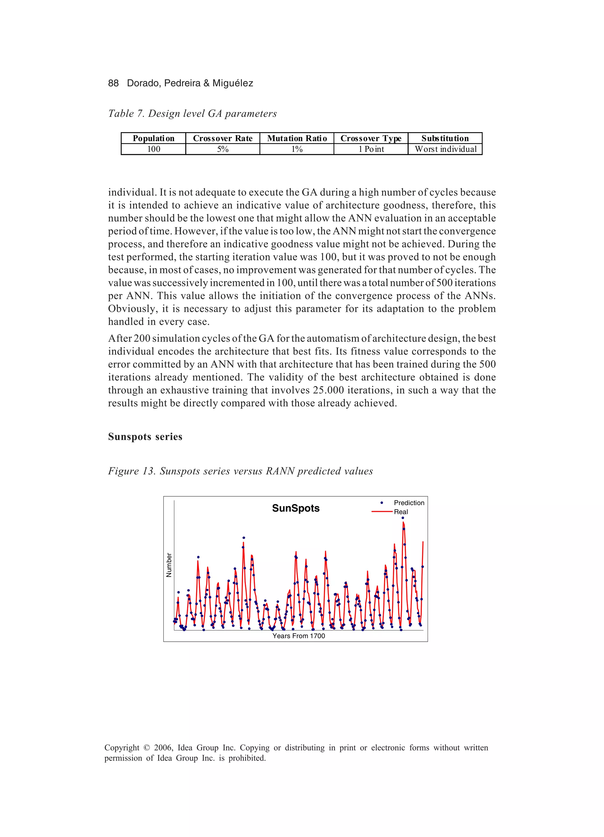 88 Dorado, Pedreira & Miguélez Copyright © 2006, Idea Group Inc. Copying or distributing in print or electronic forms without written permission of Idea Group Inc. is prohibited. individual. It is not adequate to execute the GA during a high number of cycles because it is intended to achieve an indicative value of architecture goodness, therefore, this number should be the lowest one that might allow the ANN evaluation in an acceptable period of time. However, if the value is too low, the ANN might not start the convergence process, and therefore an indicative goodness value might not be achieved. During the test performed, the starting iteration value was 100, but it was proved to not be enough because, in most of cases, no improvement was generated for that number of cycles. The value was successively incremented in 100, until there was a total number of 500 iterations per ANN. This value allows the initiation of the convergence process of the ANNs. Obviously, it is necessary to adjust this parameter for its adaptation to the problem handled in every case. After 200 simulation cycles of the GA for the automatism of architecture design, the best individual encodes the architecture that best fits. Its fitness value corresponds to the error committed by an ANN with that architecture that has been trained during the 500 iterations already mentioned. The validity of the best architecture obtained is done through an exhaustive training that involves 25.000 iterations, in such a way that the results might be directly compared with those already achieved. Sunspots series Table 7. Design level GA parameters Population Crossover Rate Mutation Ratio Crossover Type Substitution 100 5% 1% 1 Point Worst individual SunSpots Years From 1700 Number Prediction Real Figure 13. Sunspots series versus RANN predicted values 