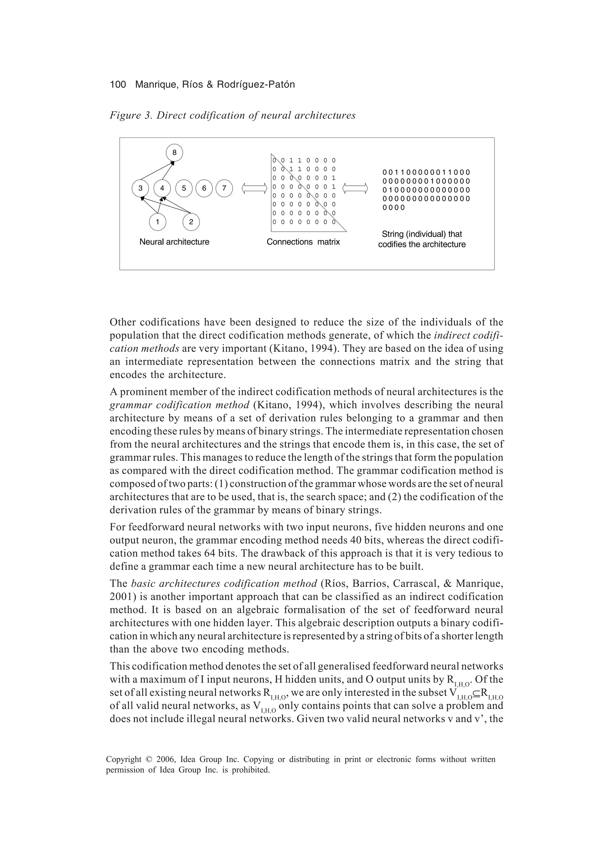 100 Manrique, Ríos & Rodríguez-Patón Copyright © 2006, Idea Group Inc. Copying or distributing in print or electronic forms without written permission of Idea Group Inc. is prohibited. Other codifications have been designed to reduce the size of the individuals of the population that the direct codification methods generate, of which the indirect codifi- cation methods are very important (Kitano, 1994). They are based on the idea of using an intermediate representation between the connections matrix and the string that encodes the architecture. A prominent member of the indirect codification methods of neural architectures is the grammar codification method (Kitano, 1994), which involves describing the neural architecture by means of a set of derivation rules belonging to a grammar and then encoding these rules by means of binary strings. The intermediate representation chosen from the neural architectures and the strings that encode them is, in this case, the set of grammar rules. This manages to reduce the length of the strings that form the population as compared with the direct codification method. The grammar codification method is composed of two parts: (1) construction of the grammar whose words are the set of neural architectures that are to be used, that is, the search space; and (2) the codification of the derivation rules of the grammar by means of binary strings. For feedforward neural networks with two input neurons, five hidden neurons and one output neuron, the grammar encoding method needs 40 bits, whereas the direct codifi- cation method takes 64 bits. The drawback of this approach is that it is very tedious to define a grammar each time a new neural architecture has to be built. The basic architectures codification method (Ríos, Barrios, Carrascal, & Manrique, 2001) is another important approach that can be classified as an indirect codification method. It is based on an algebraic formalisation of the set of feedforward neural architectures with one hidden layer. This algebraic description outputs a binary codifi- cation in which any neural architecture is represented by a string of bits of a shorter length than the above two encoding methods. This codification method denotes the set of all generalised feedforward neural networks with a maximum of I input neurons, H hidden units, and O output units by RI,H,O . Of the set of all existing neural networks RI,H,O , we are only interested in the subset VI,H,O ⊆RI,H,O of all valid neural networks, as VI,H,O only contains points that can solve a problem and does not include illegal neural networks. Given two valid neural networks v and v’, the 1 2 543 8 Neural architecture 0 0 1 1 0 0 0 0 0 0 1 1 0 0 0 0 0 0 0 0 0 0 0 1 0 0 0 0 0 0 0 1 0 0 0 0 0 0 0 0 0 0 0 0 0 0 0 0 0 0 0 0 0 0 0 0 0 0 0 0 0 0 0 0 Connections matrix String (individual) that codifies the architecture 0 0 1 1 0 0 0 0 0 0 1 1 0 0 0 0 0 0 0 0 0 0 0 1 0 0 0 0 0 0 0 1 0 0 0 0 0 0 0 0 0 0 0 0 0 0 0 0 0 0 0 0 0 0 0 0 0 0 0 0 0 0 0 0 76 Figure 3. Direct codification of neural architectures 