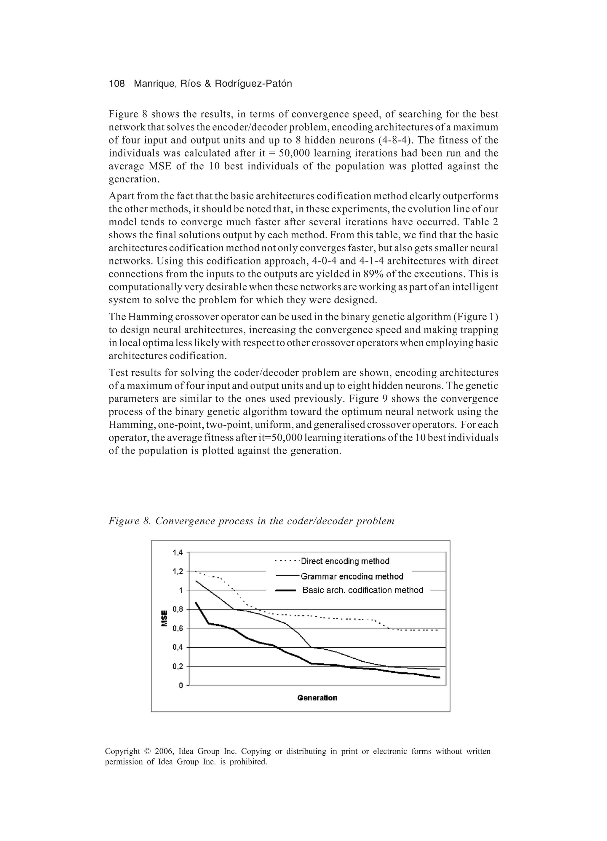 108 Manrique, Ríos & Rodríguez-Patón Copyright © 2006, Idea Group Inc. Copying or distributing in print or electronic forms without written permission of Idea Group Inc. is prohibited. Figure 8 shows the results, in terms of convergence speed, of searching for the best network that solves the encoder/decoder problem, encoding architectures of a maximum of four input and output units and up to 8 hidden neurons (4-8-4). The fitness of the individuals was calculated after it = 50,000 learning iterations had been run and the average MSE of the 10 best individuals of the population was plotted against the generation. Apart from the fact that the basic architectures codification method clearly outperforms the other methods, it should be noted that, in these experiments, the evolution line of our model tends to converge much faster after several iterations have occurred. Table 2 shows the final solutions output by each method. From this table, we find that the basic architectures codification method not only converges faster, but also gets smaller neural networks. Using this codification approach, 4-0-4 and 4-1-4 architectures with direct connections from the inputs to the outputs are yielded in 89% of the executions. This is computationally very desirable when these networks are working as part of an intelligent system to solve the problem for which they were designed. The Hamming crossover operator can be used in the binary genetic algorithm (Figure 1) to design neural architectures, increasing the convergence speed and making trapping in local optima less likely with respect to other crossover operators when employing basic architectures codification. Test results for solving the coder/decoder problem are shown, encoding architectures of a maximum of four input and output units and up to eight hidden neurons. The genetic parameters are similar to the ones used previously. Figure 9 shows the convergence process of the binary genetic algorithm toward the optimum neural network using the Hamming, one-point, two-point, uniform, and generalised crossover operators. For each operator, the average fitness after it=50,000 learning iterations of the 10 best individuals of the population is plotted against the generation. Figure 8. Convergence process in the coder/decoder problem Basic arch. codification method 