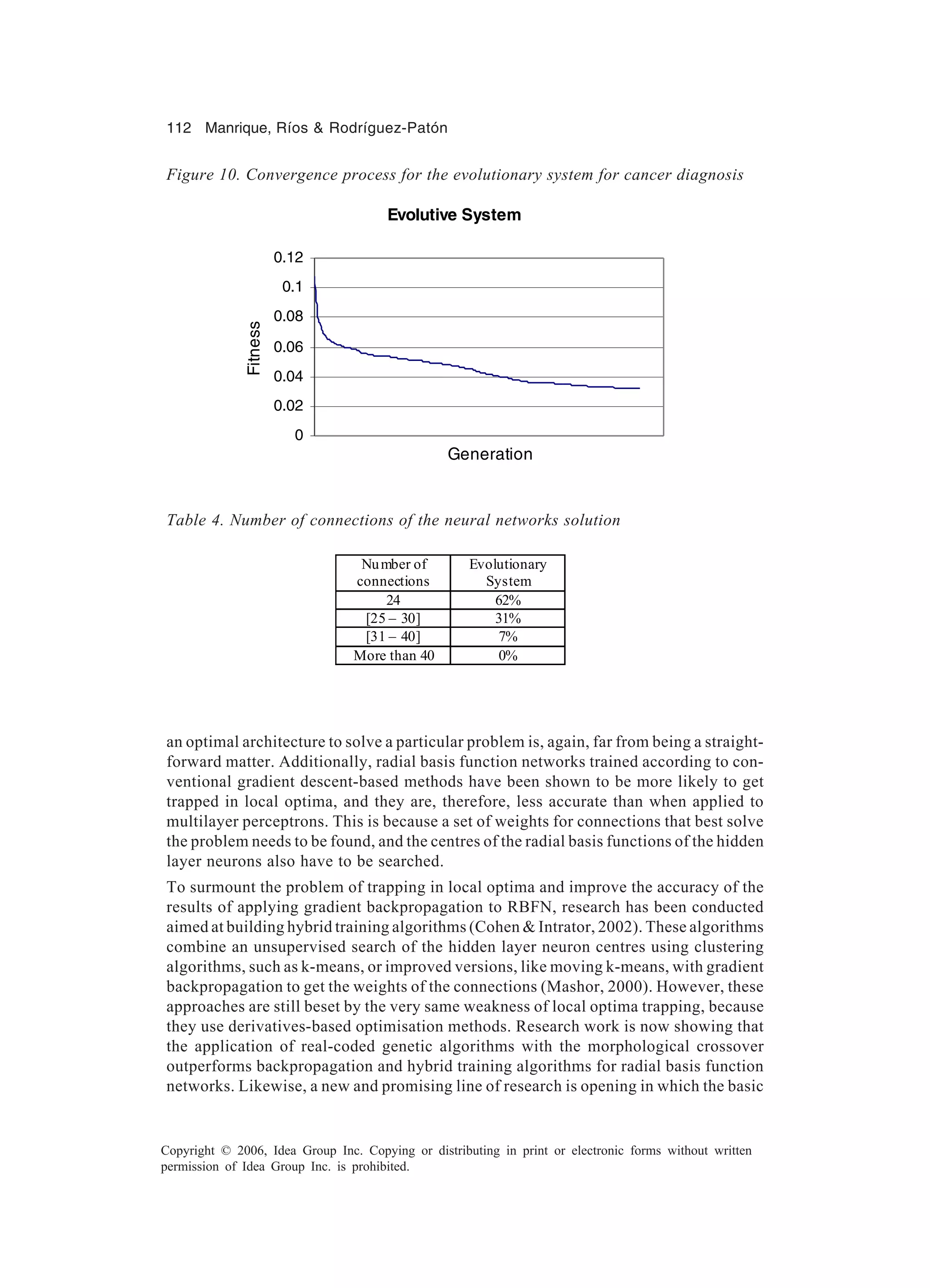 112 Manrique, Ríos & Rodríguez-Patón Copyright © 2006, Idea Group Inc. Copying or distributing in print or electronic forms without written permission of Idea Group Inc. is prohibited. an optimal architecture to solve a particular problem is, again, far from being a straight- forward matter. Additionally, radial basis function networks trained according to con- ventional gradient descent-based methods have been shown to be more likely to get trapped in local optima, and they are, therefore, less accurate than when applied to multilayer perceptrons. This is because a set of weights for connections that best solve the problem needs to be found, and the centres of the radial basis functions of the hidden layer neurons also have to be searched. To surmount the problem of trapping in local optima and improve the accuracy of the results of applying gradient backpropagation to RBFN, research has been conducted aimed at building hybrid training algorithms (Cohen & Intrator, 2002). These algorithms combine an unsupervised search of the hidden layer neuron centres using clustering algorithms, such as k-means, or improved versions, like moving k-means, with gradient backpropagation to get the weights of the connections (Mashor, 2000). However, these approaches are still beset by the very same weakness of local optima trapping, because they use derivatives-based optimisation methods. Research work is now showing that the application of real-coded genetic algorithms with the morphological crossover outperforms backpropagation and hybrid training algorithms for radial basis function networks. Likewise, a new and promising line of research is opening in which the basic Figure 10. Convergence process for the evolutionary system for cancer diagnosis Evolutive System 0 0.02 0.04 0.06 0.08 0.1 0.12 Generation Fitness Number of connections Evolutionary System 24 62% [25 – 30] 31% [31 – 40] 7% More than 40 0% Table 4. Number of connections of the neural networks solution 