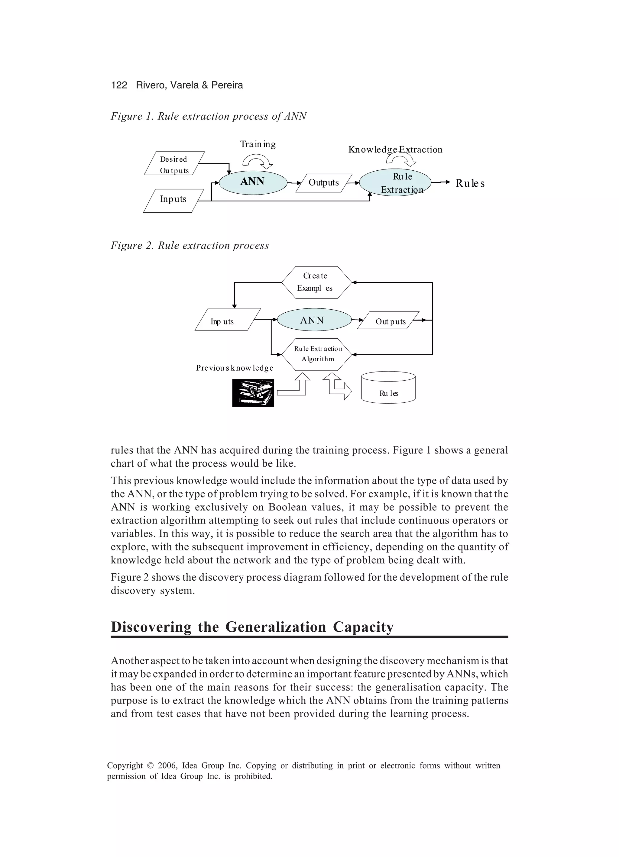 122 Rivero, Varela & Pereira Copyright © 2006, Idea Group Inc. Copying or distributing in print or electronic forms without written permission of Idea Group Inc. is prohibited. Figure 1. Rule extraction process of ANN RNA Training Extracci n Reg las Knowledge Extraction Rules Desired Ou tputs Inputs OutputsANN Ru le Extraction Figure 2. Rule extraction process RNAInp uts Out puts Create Exampl es Rule Extr actio n Algorithm Ru les Previou s know ledge ANN rules that the ANN has acquired during the training process. Figure 1 shows a general chart of what the process would be like. This previous knowledge would include the information about the type of data used by the ANN, or the type of problem trying to be solved. For example, if it is known that the ANN is working exclusively on Boolean values, it may be possible to prevent the extraction algorithm attempting to seek out rules that include continuous operators or variables. In this way, it is possible to reduce the search area that the algorithm has to explore, with the subsequent improvement in efficiency, depending on the quantity of knowledge held about the network and the type of problem being dealt with. Figure 2 shows the discovery process diagram followed for the development of the rule discovery system. Discovering the Generalization Capacity Another aspect to be taken into account when designing the discovery mechanism is that it may be expanded in order to determine an important feature presented by ANNs, which has been one of the main reasons for their success: the generalisation capacity. The purpose is to extract the knowledge which the ANN obtains from the training patterns and from test cases that have not been provided during the learning process. 