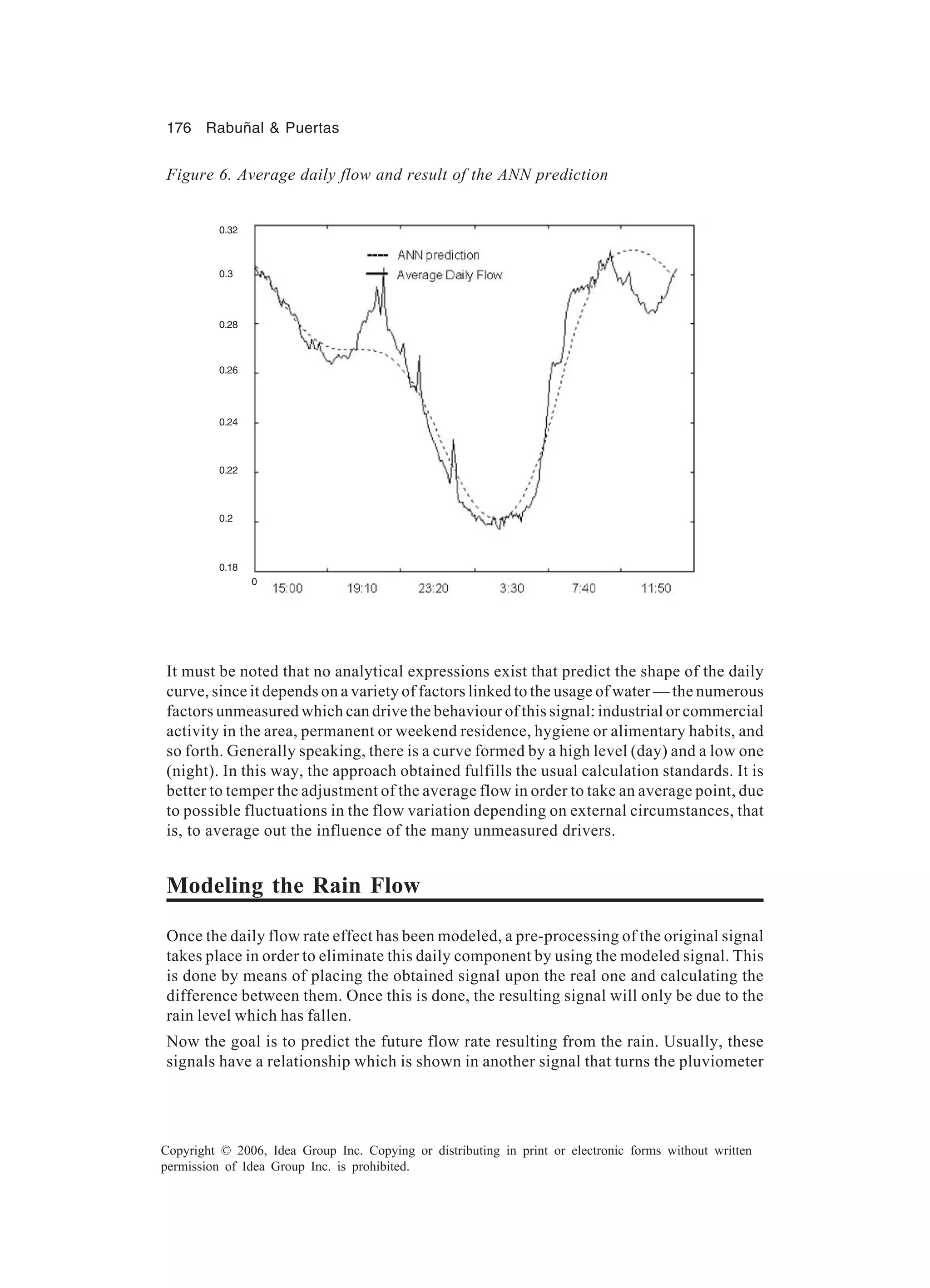 176 Rabuñal & Puertas Copyright © 2006, Idea Group Inc. Copying or distributing in print or electronic forms without written permission of Idea Group Inc. is prohibited. It must be noted that no analytical expressions exist that predict the shape of the daily curve, since it depends on a variety of factors linked to the usage of water — the numerous factors unmeasured which can drive the behaviour of this signal: industrial or commercial activity in the area, permanent or weekend residence, hygiene or alimentary habits, and so forth. Generally speaking, there is a curve formed by a high level (day) and a low one (night). In this way, the approach obtained fulfills the usual calculation standards. It is better to temper the adjustment of the average flow in order to take an average point, due to possible fluctuations in the flow variation depending on external circumstances, that is, to average out the influence of the many unmeasured drivers. Modeling the Rain Flow Once the daily flow rate effect has been modeled, a pre-processing of the original signal takes place in order to eliminate this daily component by using the modeled signal. This is done by means of placing the obtained signal upon the real one and calculating the difference between them. Once this is done, the resulting signal will only be due to the rain level which has fallen. Now the goal is to predict the future flow rate resulting from the rain. Usually, these signals have a relationship which is shown in another signal that turns the pluviometer Figure 6. Average daily flow and result of the ANN prediction 0.32 0.3 0.28 0.26 0.24 0.22 0.2 0.18 0 