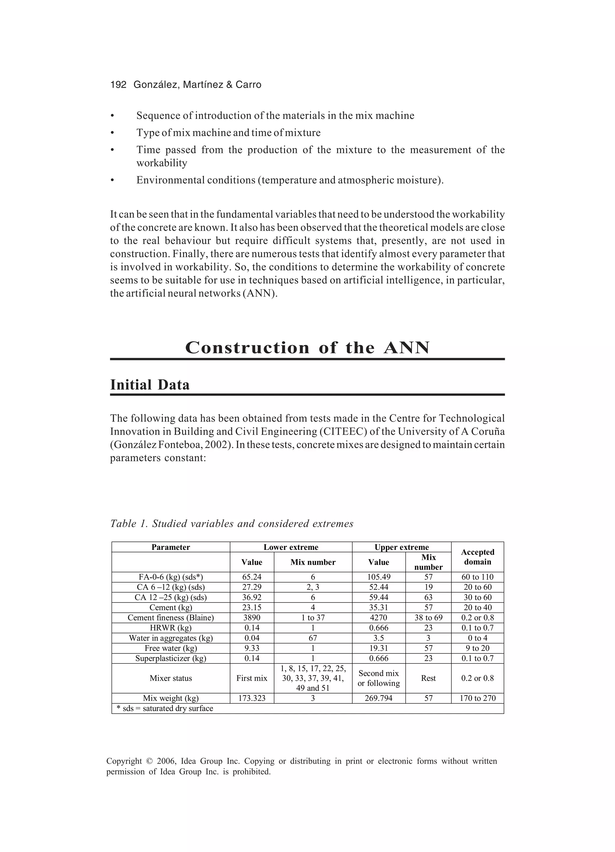 192 González, Martínez & Carro Copyright © 2006, Idea Group Inc. Copying or distributing in print or electronic forms without written permission of Idea Group Inc. is prohibited. • Sequence of introduction of the materials in the mix machine • Type of mix machine and time of mixture • Time passed from the production of the mixture to the measurement of the workability • Environmental conditions (temperature and atmospheric moisture). It can be seen that in the fundamental variables that need to be understood the workability of the concrete are known. It also has been observed that the theoretical models are close to the real behaviour but require difficult systems that, presently, are not used in construction. Finally, there are numerous tests that identify almost every parameter that is involved in workability. So, the conditions to determine the workability of concrete seems to be suitable for use in techniques based on artificial intelligence, in particular, the artificial neural networks (ANN). Construction of the ANN Initial Data The following data has been obtained from tests made in the Centre for Technological Innovation in Building and Civil Engineering (CITEEC) of the University of A Coruña (González Fonteboa, 2002). In these tests, concrete mixes are designed to maintain certain parameters constant: Table 1. Studied variables and considered extremes Parameter Lower extreme Upper extreme Value Mix number Value Mix number Accepted domain FA-0-6 (kg) (sds*) 65.24 6 105.49 57 60 to 110 CA 6 –12 (kg) (sds) 27.29 2, 3 52.44 19 20 to 60 CA 12 –25 (kg) (sds) 36.92 6 59.44 63 30 to 60 Cement (kg) 23.15 4 35.31 57 20 to 40 Cement fineness (Blaine) 3890 1 to 37 4270 38 to 69 0.2 or 0.8 HRWR (kg) 0.14 1 0.666 23 0.1 to 0.7 Water in aggregates (kg) 0.04 67 3.5 3 0 to 4 Free water (kg) 9.33 1 19.31 57 9 to 20 Superplasticizer (kg) 0.14 1 0.666 23 0.1 to 0.7 Mixer status First mix 1, 8, 15, 17, 22, 25, 30, 33, 37, 39, 41, 49 and 51 Second mix or following Rest 0.2 or 0.8 Mix weight (kg) 173.323 3 269.794 57 170 to 270 * sds = saturated dry surface 