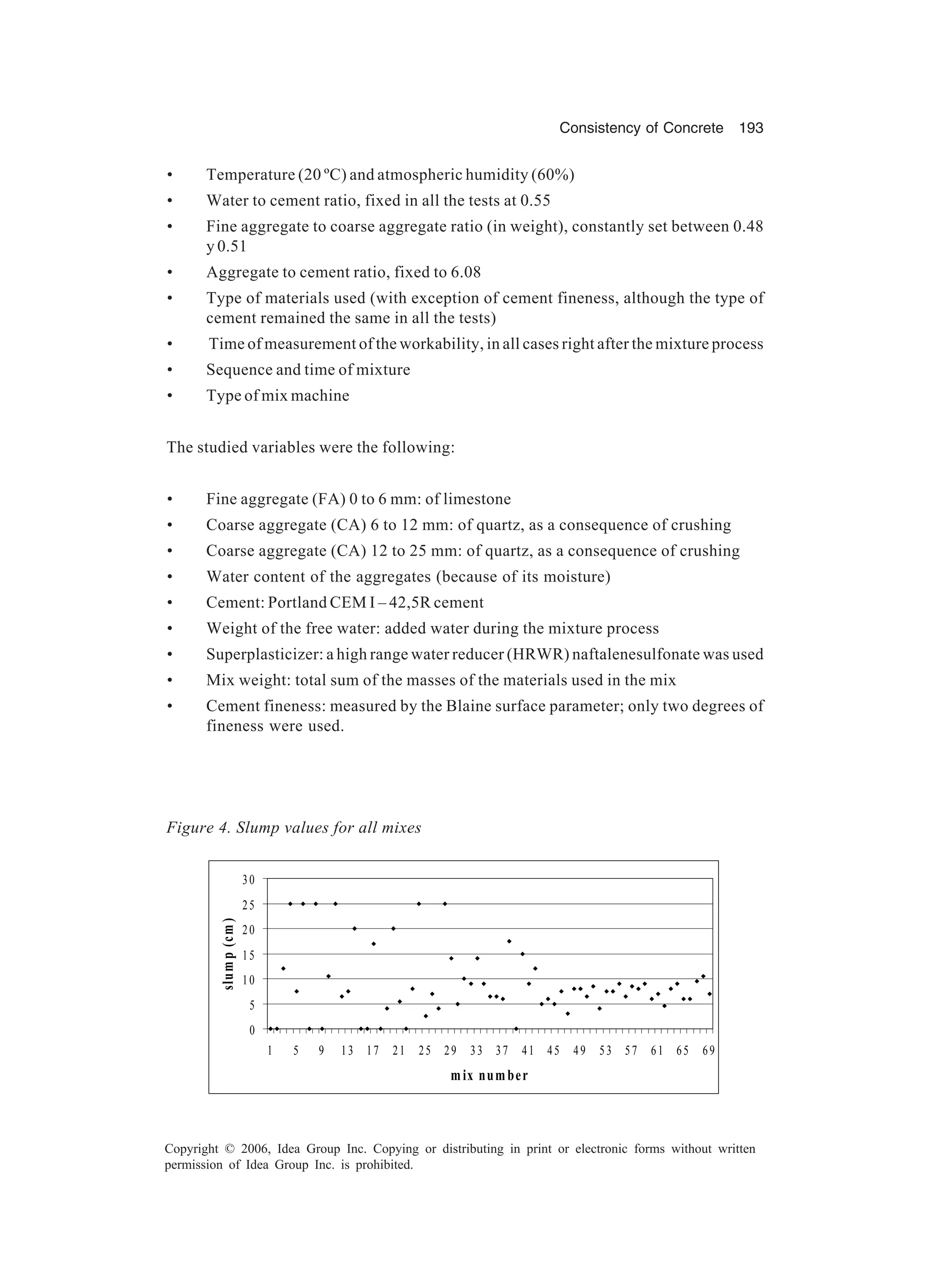 Consistency of Concrete 193 Copyright © 2006, Idea Group Inc. Copying or distributing in print or electronic forms without written permission of Idea Group Inc. is prohibited. • Temperature (20 ºC) and atmospheric humidity (60%) • Water to cement ratio, fixed in all the tests at 0.55 • Fine aggregate to coarse aggregate ratio (in weight), constantly set between 0.48 y 0.51 • Aggregate to cement ratio, fixed to 6.08 • Type of materials used (with exception of cement fineness, although the type of cement remained the same in all the tests) • Time of measurement of the workability, in all cases right after the mixture process • Sequence and time of mixture • Type of mix machine The studied variables were the following: • Fine aggregate (FA) 0 to 6 mm: of limestone • Coarse aggregate (CA) 6 to 12 mm: of quartz, as a consequence of crushing • Coarse aggregate (CA) 12 to 25 mm: of quartz, as a consequence of crushing • Water content of the aggregates (because of its moisture) • Cement: Portland CEM I – 42,5R cement • Weight of the free water: added water during the mixture process • Superplasticizer: a high range water reducer (HRWR) naftalenesulfonate was used • Mix weight: total sum of the masses of the materials used in the mix • Cement fineness: measured by the Blaine surface parameter; only two degrees of fineness were used. Figure 4. Slump values for all mixes 0 5 10 15 20 25 30 1 5 9 13 17 21 25 29 33 37 41 45 49 53 57 61 65 69 mix number slump(cm) 