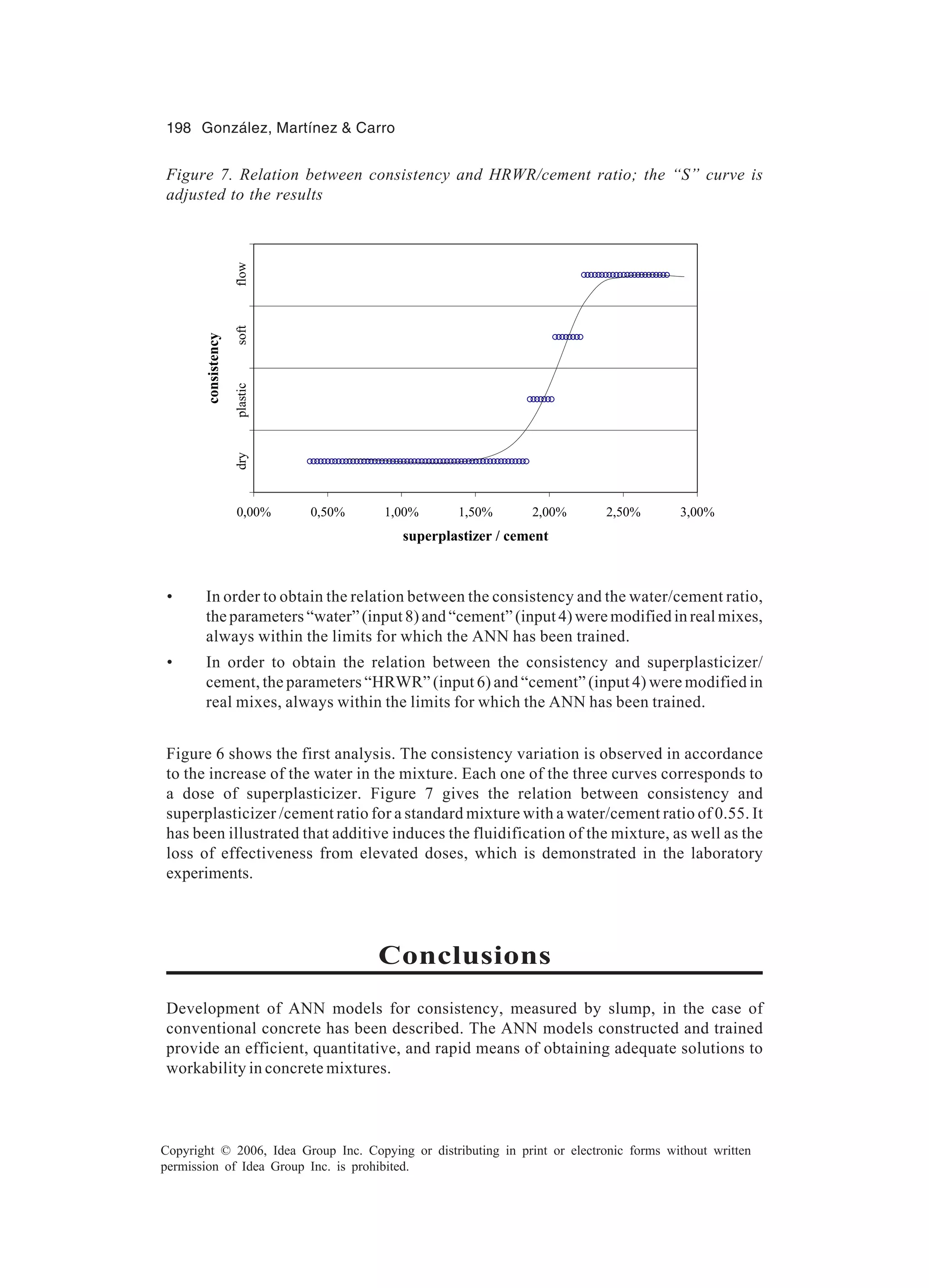 198 González, Martínez & Carro Copyright © 2006, Idea Group Inc. Copying or distributing in print or electronic forms without written permission of Idea Group Inc. is prohibited. • In order to obtain the relation between the consistency and the water/cement ratio, the parameters “water” (input 8) and “cement” (input 4) were modified in real mixes, always within the limits for which the ANN has been trained. • In order to obtain the relation between the consistency and superplasticizer/ cement, the parameters “HRWR” (input 6) and “cement” (input 4) were modified in real mixes, always within the limits for which the ANN has been trained. Figure 6 shows the first analysis. The consistency variation is observed in accordance to the increase of the water in the mixture. Each one of the three curves corresponds to a dose of superplasticizer. Figure 7 gives the relation between consistency and superplasticizer /cement ratio for a standard mixture with a water/cement ratio of 0.55. It has been illustrated that additive induces the fluidification of the mixture, as well as the loss of effectiveness from elevated doses, which is demonstrated in the laboratory experiments. Conclusions Development of ANN models for consistency, measured by slump, in the case of conventional concrete has been described. The ANN models constructed and trained provide an efficient, quantitative, and rapid means of obtaining adequate solutions to workability in concrete mixtures. Figure 7. Relation between consistency and HRWR/cement ratio; the “S” curve is adjusted to the results 0,5 1,5 2,5 3,5 4,5 0,00% 0,50% 1,00% 1,50% 2,00% 2,50% 3,00% superplastizer / cement consistency dryplasticsoftflow 