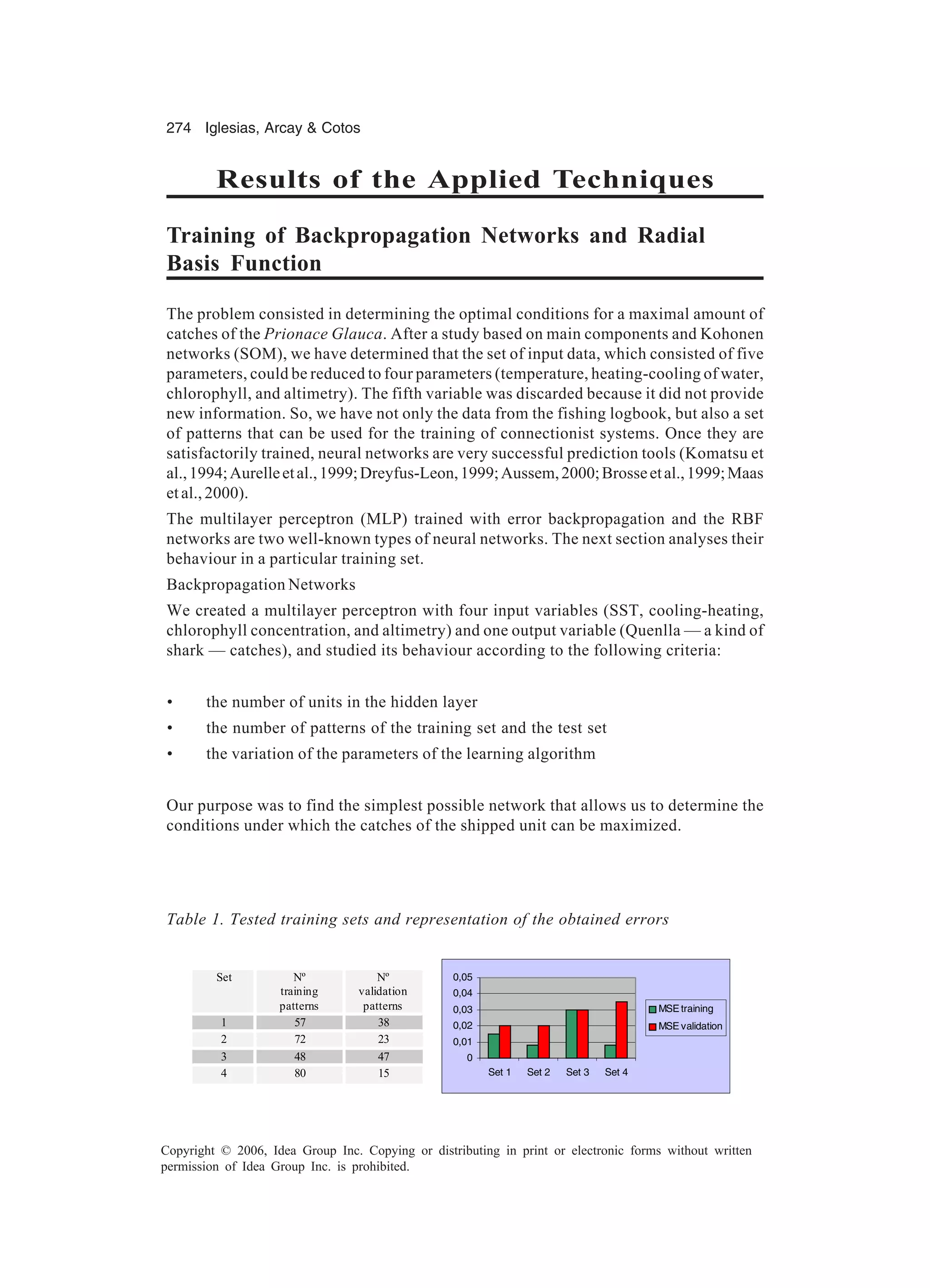 274 Iglesias, Arcay Cotos Copyright © 2006, Idea Group Inc. Copying or distributing in print or electronic forms without written permission of Idea Group Inc. is prohibited. Results of the Applied Techniques Training of Backpropagation Networks and Radial Basis Function The problem consisted in determining the optimal conditions for a maximal amount of catches of the Prionace Glauca. After a study based on main components and Kohonen networks (SOM), we have determined that the set of input data, which consisted of five parameters, could be reduced to four parameters (temperature, heating-cooling of water, chlorophyll, and altimetry). The fifth variable was discarded because it did not provide new information. So, we have not only the data from the fishing logbook, but also a set of patterns that can be used for the training of connectionist systems. Once they are satisfactorily trained, neural networks are very successful prediction tools (Komatsu et al.,1994;Aurelleetal.,1999;Dreyfus-Leon,1999;Aussem,2000;Brosseetal.,1999;Maas et al., 2000). The multilayer perceptron (MLP) trained with error backpropagation and the RBF networks are two well-known types of neural networks. The next section analyses their behaviour in a particular training set. Backpropagation Networks We created a multilayer perceptron with four input variables (SST, cooling-heating, chlorophyll concentration, and altimetry) and one output variable (Quenlla — a kind of shark — catches), and studied its behaviour according to the following criteria: • the number of units in the hidden layer • the number of patterns of the training set and the test set • the variation of the parameters of the learning algorithm Our purpose was to find the simplest possible network that allows us to determine the conditions under which the catches of the shipped unit can be maximized. Table 1. Tested training sets and representation of the obtained errors Set Nº training patterns Nº validation patterns 1 57 38 2 72 23 3 48 47 4 80 15 0 0,01 0,02 0,03 0,04 0,05 Set 1 Set 2 Set 3 Set 4 MSE training MSE validation 