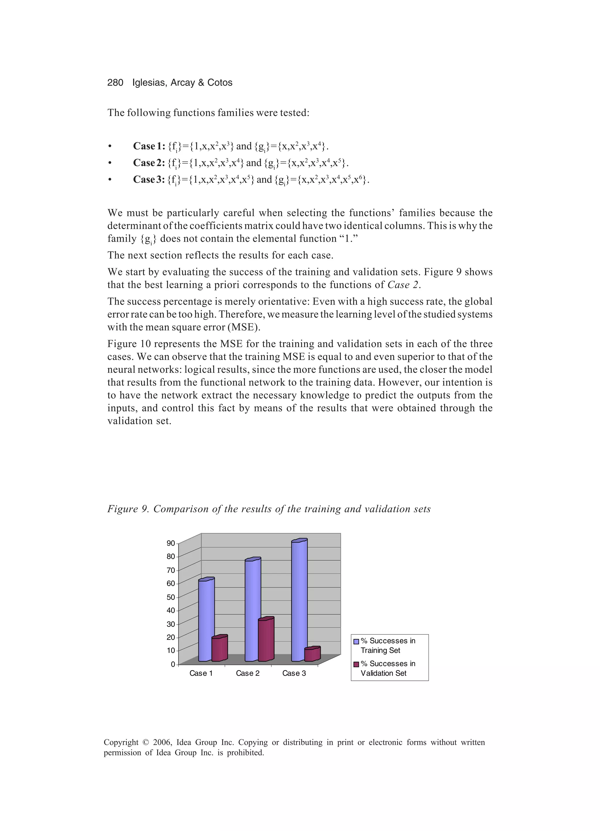 280 Iglesias, Arcay Cotos Copyright © 2006, Idea Group Inc. Copying or distributing in print or electronic forms without written permission of Idea Group Inc. is prohibited. The following functions families were tested: • Case1:{fi }={1,x,x2 ,x3 }and{gi }={x,x2 ,x3 ,x4 }. • Case2:{fi }={1,x,x2 ,x3 ,x4 }and{gi }={x,x2 ,x3 ,x4 ,x5 }. • Case3:{fi }={1,x,x2 ,x3 ,x4 ,x5 }and{gi }={x,x2 ,x3 ,x4 ,x5 ,x6 }. We must be particularly careful when selecting the functions’ families because the determinant of the coefficients matrix could have two identical columns. This is why the family {gi } does not contain the elemental function “1.” The next section reflects the results for each case. We start by evaluating the success of the training and validation sets. Figure 9 shows that the best learning a priori corresponds to the functions of Case 2. The success percentage is merely orientative: Even with a high success rate, the global error rate can be too high. Therefore, we measure the learning level of the studied systems with the mean square error (MSE). Figure 10 represents the MSE for the training and validation sets in each of the three cases. We can observe that the training MSE is equal to and even superior to that of the neural networks: logical results, since the more functions are used, the closer the model that results from the functional network to the training data. However, our intention is to have the network extract the necessary knowledge to predict the outputs from the inputs, and control this fact by means of the results that were obtained through the validation set. Figure 9. Comparison of the results of the training and validation sets 0 10 20 30 40 50 60 70 80 90 Case 1 Case 2 Case 3 % Successes in Training Set % Successes in Validation Set 
