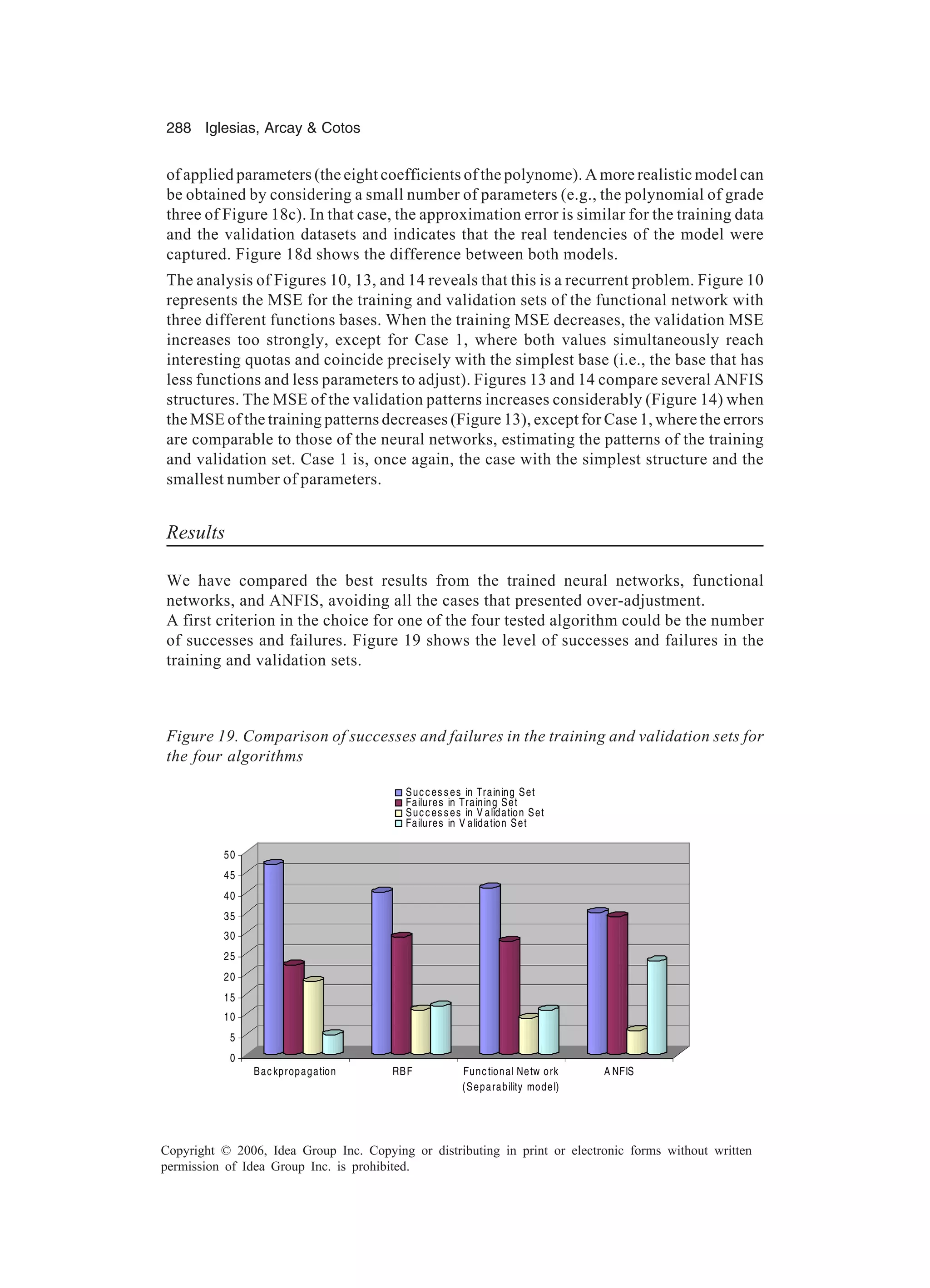 288 Iglesias, Arcay Cotos Copyright © 2006, Idea Group Inc. Copying or distributing in print or electronic forms without written permission of Idea Group Inc. is prohibited. of applied parameters (the eight coefficients of the polynome). A more realistic model can be obtained by considering a small number of parameters (e.g., the polynomial of grade three of Figure 18c). In that case, the approximation error is similar for the training data and the validation datasets and indicates that the real tendencies of the model were captured. Figure 18d shows the difference between both models. The analysis of Figures 10, 13, and 14 reveals that this is a recurrent problem. Figure 10 represents the MSE for the training and validation sets of the functional network with three different functions bases. When the training MSE decreases, the validation MSE increases too strongly, except for Case 1, where both values simultaneously reach interesting quotas and coincide precisely with the simplest base (i.e., the base that has less functions and less parameters to adjust). Figures 13 and 14 compare several ANFIS structures. The MSE of the validation patterns increases considerably (Figure 14) when the MSE of the training patterns decreases (Figure 13), except for Case 1, where the errors are comparable to those of the neural networks, estimating the patterns of the training and validation set. Case 1 is, once again, the case with the simplest structure and the smallest number of parameters. Results We have compared the best results from the trained neural networks, functional networks, and ANFIS, avoiding all the cases that presented over-adjustment. A first criterion in the choice for one of the four tested algorithm could be the number of successes and failures. Figure 19 shows the level of successes and failures in the training and validation sets. Figure 19. Comparison of successes and failures in the training and validation sets for the four algorithms 0 5 10 15 20 25 30 35 40 45 50 Backpropagation RBF Functional Netw ork (Separability model) A NFIS Successes in Training Set Failures in Training Set Successes in V alidation Set Failures in V alidation Set 