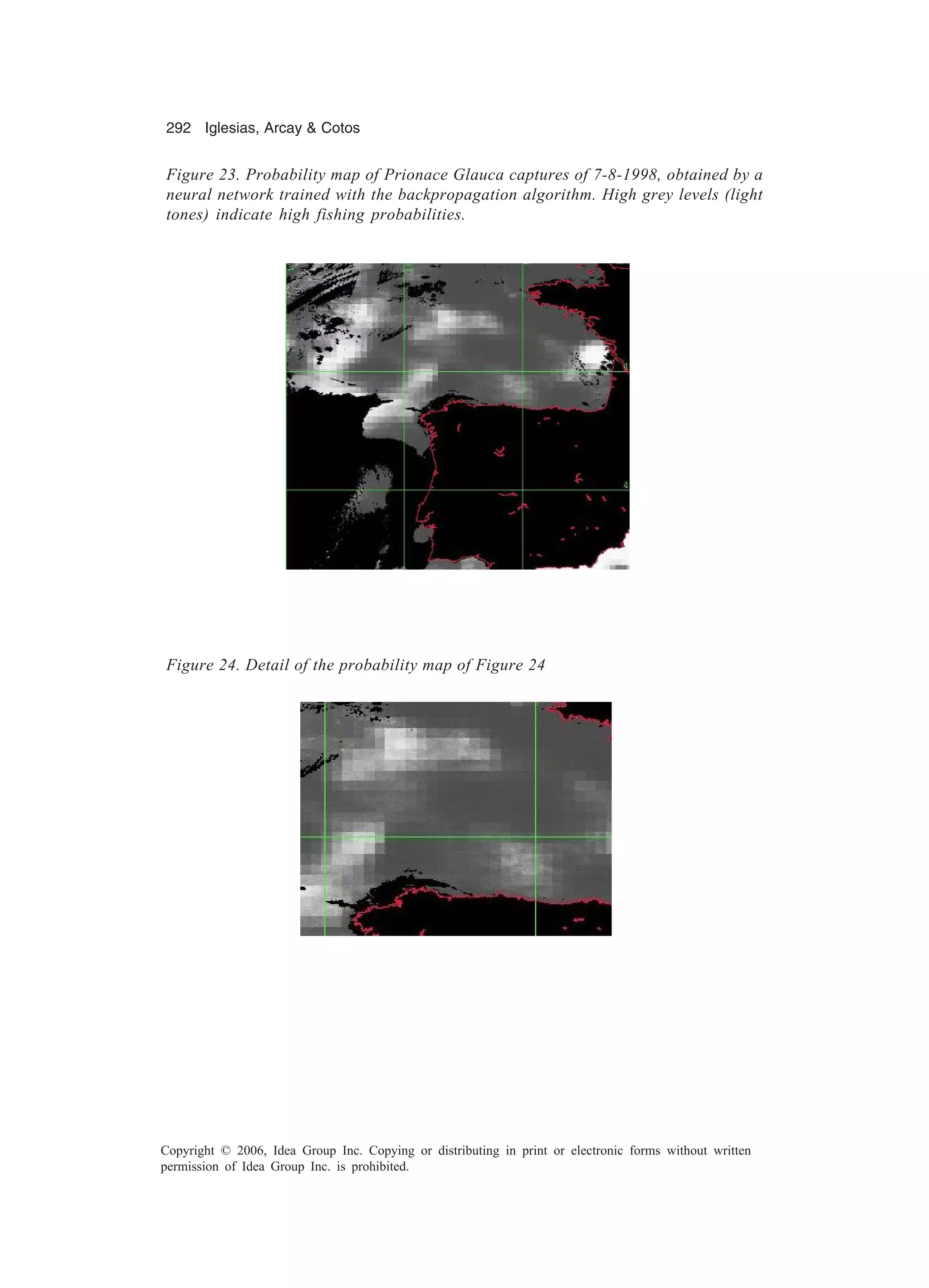 292 Iglesias, Arcay Cotos Copyright © 2006, Idea Group Inc. Copying or distributing in print or electronic forms without written permission of Idea Group Inc. is prohibited. Figure 23. Probability map of Prionace Glauca captures of 7-8-1998, obtained by a neural network trained with the backpropagation algorithm. High grey levels (light tones) indicate high fishing probabilities. Figure 24. Detail of the probability map of Figure 24 