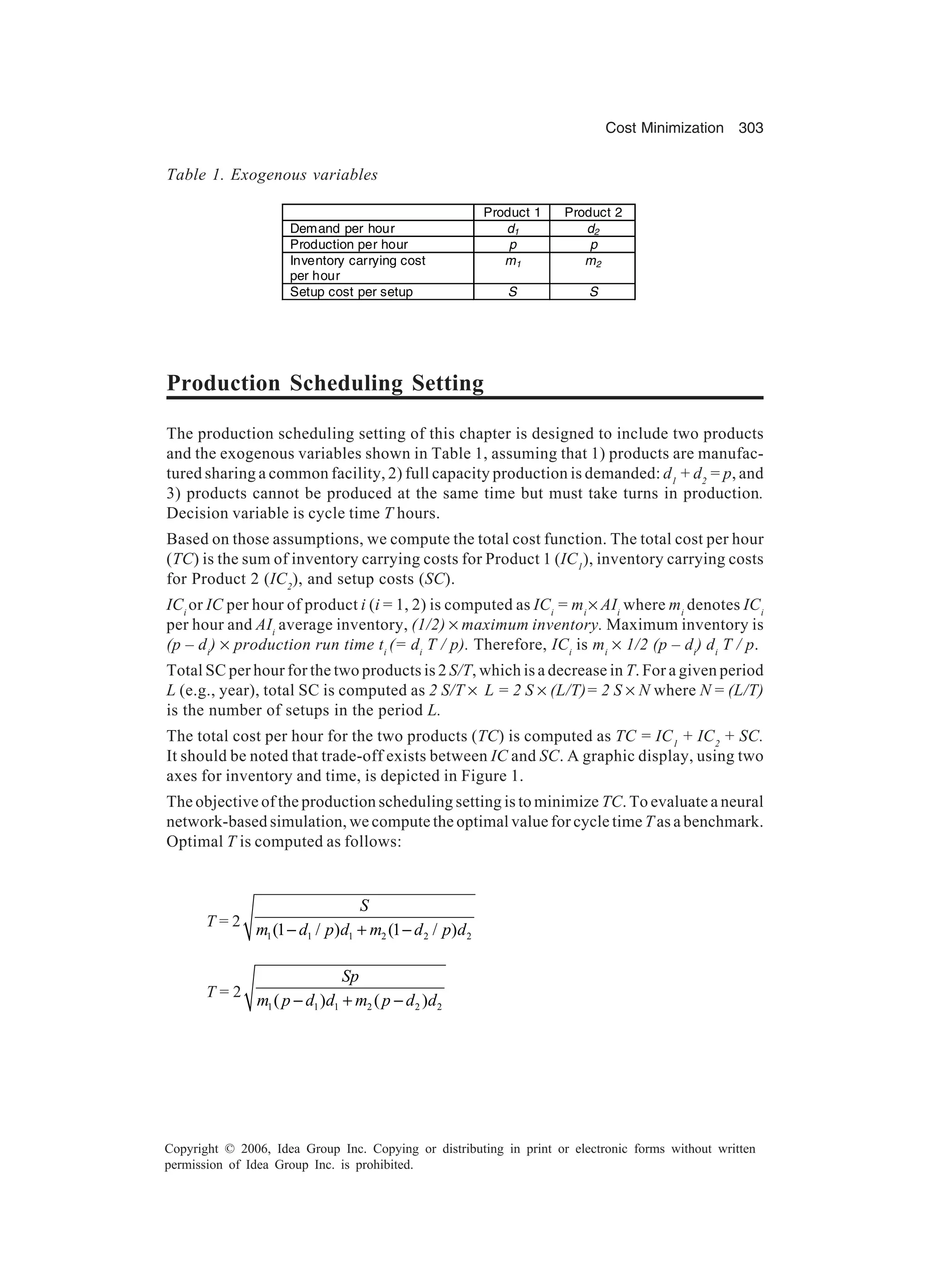 Cost Minimization 303 Copyright © 2006, Idea Group Inc. Copying or distributing in print or electronic forms without written permission of Idea Group Inc. is prohibited. Product 1 Product 2 Demand per hour d1 d2 Production per hour p p Inventory carrying cost per hour m1 m2 Setup cost per setup S S Table 1. Exogenous variables Production Scheduling Setting The production scheduling setting of this chapter is designed to include two products and the exogenous variables shown in Table 1, assuming that 1) products are manufac- tured sharing a common facility, 2) full capacity production is demanded: d1 + d2 = p, and 3) products cannot be produced at the same time but must take turns in production. Decision variable is cycle time T hours. Based on those assumptions, we compute the total cost function. The total cost per hour (TC) is the sum of inventory carrying costs for Product 1 (IC1 ), inventory carrying costs for Product 2 (IC2 ), and setup costs (SC). ICi or IC per hour of product i (i = 1, 2) is computed as ICi = mi × AIi where mi denotes ICi per hour and AIi average inventory, (1/2) × maximum inventory. Maximum inventory is (p – di ) × production run time ti (= di T / p). Therefore, ICi is mi × 1/2 (p – di ) di T / p. Total SC per hour for the two products is 2 S/T, which is a decrease in T. For a given period L (e.g., year), total SC is computed as 2 S/T × L = 2 S × (L/T)= 2 S × N where N = (L/T) is the number of setups in the period L. The total cost per hour for the two products (TC) is computed as TC = IC1 + IC2 + SC. It should be noted that trade-off exists between IC and SC. A graphic display, using two axes for inventory and time, is depicted in Figure 1. The objective of the production scheduling setting is to minimize TC. To evaluate a neural network-based simulation, we compute the optimal value for cycle time T as a benchmark. Optimal T is computed as follows: T = 2 1 1 1 2 2 2(1 / ) (1 / ) S m d p d m d p d− + − T = 2 1 1 1 2 2 2( ) ( ) Sp m p d d m p d d− + − 