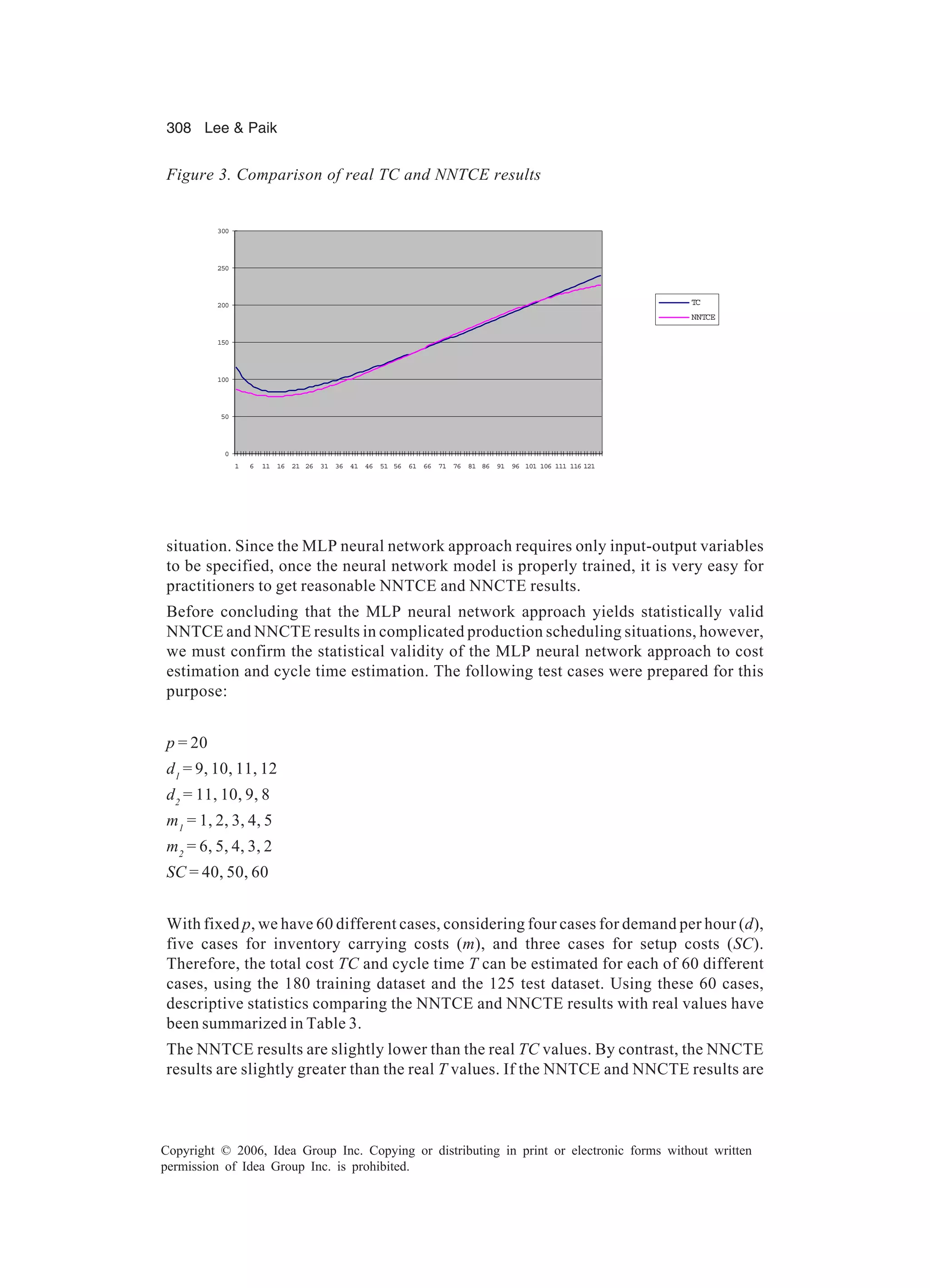 308 Lee Paik Copyright © 2006, Idea Group Inc. Copying or distributing in print or electronic forms without written permission of Idea Group Inc. is prohibited. situation. Since the MLP neural network approach requires only input-output variables to be specified, once the neural network model is properly trained, it is very easy for practitioners to get reasonable NNTCE and NNCTE results. Before concluding that the MLP neural network approach yields statistically valid NNTCE and NNCTE results in complicated production scheduling situations, however, we must confirm the statistical validity of the MLP neural network approach to cost estimation and cycle time estimation. The following test cases were prepared for this purpose: p = 20 d1 = 9, 10, 11, 12 d2 = 11, 10, 9, 8 m1 = 1, 2, 3, 4, 5 m2 = 6, 5, 4, 3, 2 SC = 40, 50, 60 With fixed p, we have 60 different cases, considering four cases for demand per hour (d), five cases for inventory carrying costs (m), and three cases for setup costs (SC). Therefore, the total cost TC and cycle time T can be estimated for each of 60 different cases, using the 180 training dataset and the 125 test dataset. Using these 60 cases, descriptive statistics comparing the NNTCE and NNCTE results with real values have been summarized in Table 3. The NNTCE results are slightly lower than the real TC values. By contrast, the NNCTE results are slightly greater than the real T values. If the NNTCE and NNCTE results are 0 50 100 150 200 250 300 1 6 11 16 21 26 31 36 41 46 51 56 61 66 71 76 81 86 91 96 101 106 111 116 121 TC NNTCE Figure 3. Comparison of real TC and NNTCE results 
