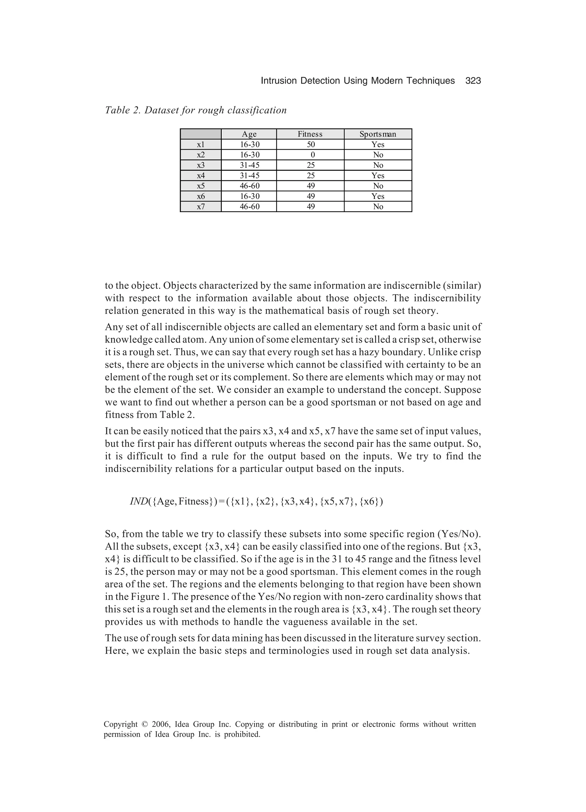 Intrusion Detection Using Modern Techniques 323 Copyright © 2006, Idea Group Inc. Copying or distributing in print or electronic forms without written permission of Idea Group Inc. is prohibited. to the object. Objects characterized by the same information are indiscernible (similar) with respect to the information available about those objects. The indiscernibility relation generated in this way is the mathematical basis of rough set theory. Any set of all indiscernible objects are called an elementary set and form a basic unit of knowledge called atom. Any union of some elementary set is called a crisp set, otherwise it is a rough set. Thus, we can say that every rough set has a hazy boundary. Unlike crisp sets, there are objects in the universe which cannot be classified with certainty to be an element of the rough set or its complement. So there are elements which may or may not be the element of the set. We consider an example to understand the concept. Suppose we want to find out whether a person can be a good sportsman or not based on age and fitness from Table 2. It can be easily noticed that the pairs x3, x4 and x5, x7 have the same set of input values, but the first pair has different outputs whereas the second pair has the same output. So, it is difficult to find a rule for the output based on the inputs. We try to find the indiscernibility relations for a particular output based on the inputs. IND({Age,Fitness})=({x1},{x2},{x3,x4},{x5,x7},{x6}) So, from the table we try to classify these subsets into some specific region (Yes/No). All the subsets, except {x3, x4} can be easily classified into one of the regions. But {x3, x4} is difficult to be classified. So if the age is in the 31 to 45 range and the fitness level is 25, the person may or may not be a good sportsman. This element comes in the rough area of the set. The regions and the elements belonging to that region have been shown in the Figure 1. The presence of the Yes/No region with non-zero cardinality shows that this set is a rough set and the elements in the rough area is {x3, x4}. The rough set theory provides us with methods to handle the vagueness available in the set. The use of rough sets for data mining has been discussed in the literature survey section. Here, we explain the basic steps and terminologies used in rough set data analysis. Table 2. Dataset for rough classification Age Fitness Sportsman x1 16-30 50 Yes x2 16-30 0 No x3 31-45 25 No x4 31-45 25 Yes x5 46-60 49 No x6 16-30 49 Yes x7 46-60 49 No 