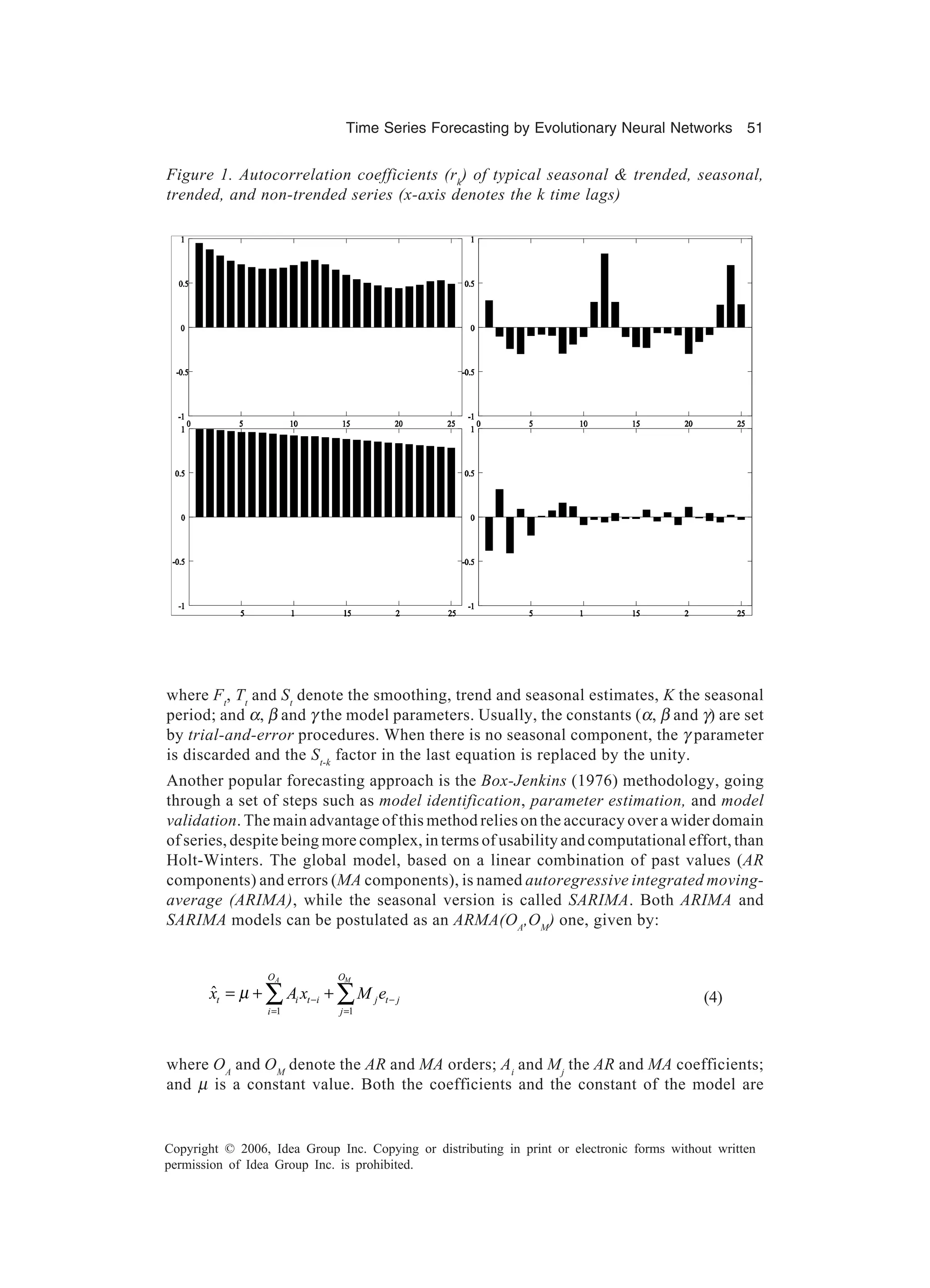 Time Series Forecasting by Evolutionary Neural Networks 51 Copyright © 2006, Idea Group Inc. Copying or distributing in print or electronic forms without written permission of Idea Group Inc. is prohibited. where Ft , Tt and St denote the smoothing, trend and seasonal estimates, K the seasonal period; and α, β and γ the model parameters. Usually, the constants (α, β and γ) are set by trial-and-error procedures. When there is no seasonal component, the γ parameter is discarded and the St-k factor in the last equation is replaced by the unity. Another popular forecasting approach is the Box-Jenkins (1976) methodology, going through a set of steps such as model identification, parameter estimation, and model validation. The main advantage of this method relies on the accuracy over a wider domain of series, despite being more complex, in terms of usability and computational effort, than Holt-Winters. The global model, based on a linear combination of past values (AR components) and errors (MA components), is named autoregressive integrated moving- average (ARIMA), while the seasonal version is called SARIMA. Both ARIMA and SARIMA models can be postulated as an ARMA(OA ,OM ) one, given by: 1 1 ˆ A MO O t i t i j t j i j x A x M eµ − − = = = + +∑ ∑ (4) where OA and OM denote the AR and MA orders; Ai and Mj the AR and MA coefficients; and µ is a constant value. Both the coefficients and the constant of the model are Figure 1. Autocorrelation coefficients (rk ) of typical seasonal & trended, seasonal, trended, and non-trended series (x-axis denotes the k time lags) 