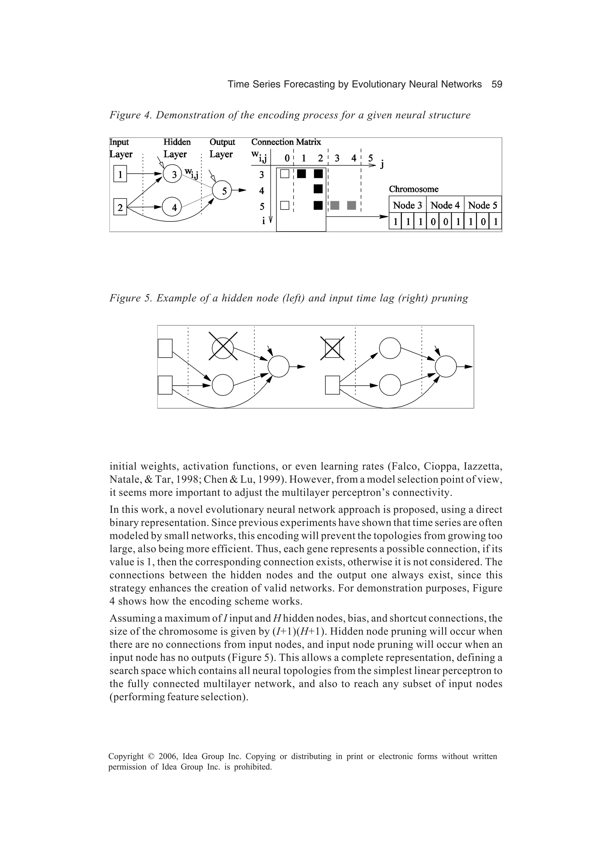 Time Series Forecasting by Evolutionary Neural Networks 59 Copyright © 2006, Idea Group Inc. Copying or distributing in print or electronic forms without written permission of Idea Group Inc. is prohibited. initial weights, activation functions, or even learning rates (Falco, Cioppa, Iazzetta, Natale, & Tar, 1998; Chen & Lu, 1999). However, from a model selection point of view, it seems more important to adjust the multilayer perceptron’s connectivity. In this work, a novel evolutionary neural network approach is proposed, using a direct binary representation. Since previous experiments have shown that time series are often modeled by small networks, this encoding will prevent the topologies from growing too large, also being more efficient. Thus, each gene represents a possible connection, if its value is 1, then the corresponding connection exists, otherwise it is not considered. The connections between the hidden nodes and the output one always exist, since this strategy enhances the creation of valid networks. For demonstration purposes, Figure 4 shows how the encoding scheme works. Assuming a maximum of I input and H hidden nodes, bias, and shortcut connections, the size of the chromosome is given by (I+1)(H+1). Hidden node pruning will occur when there are no connections from input nodes, and input node pruning will occur when an input node has no outputs (Figure 5). This allows a complete representation, defining a search space which contains all neural topologies from the simplest linear perceptron to the fully connected multilayer network, and also to reach any subset of input nodes (performing feature selection). Figure 4. Demonstration of the encoding process for a given neural structure Figure 5. Example of a hidden node (left) and input time lag (right) pruning 