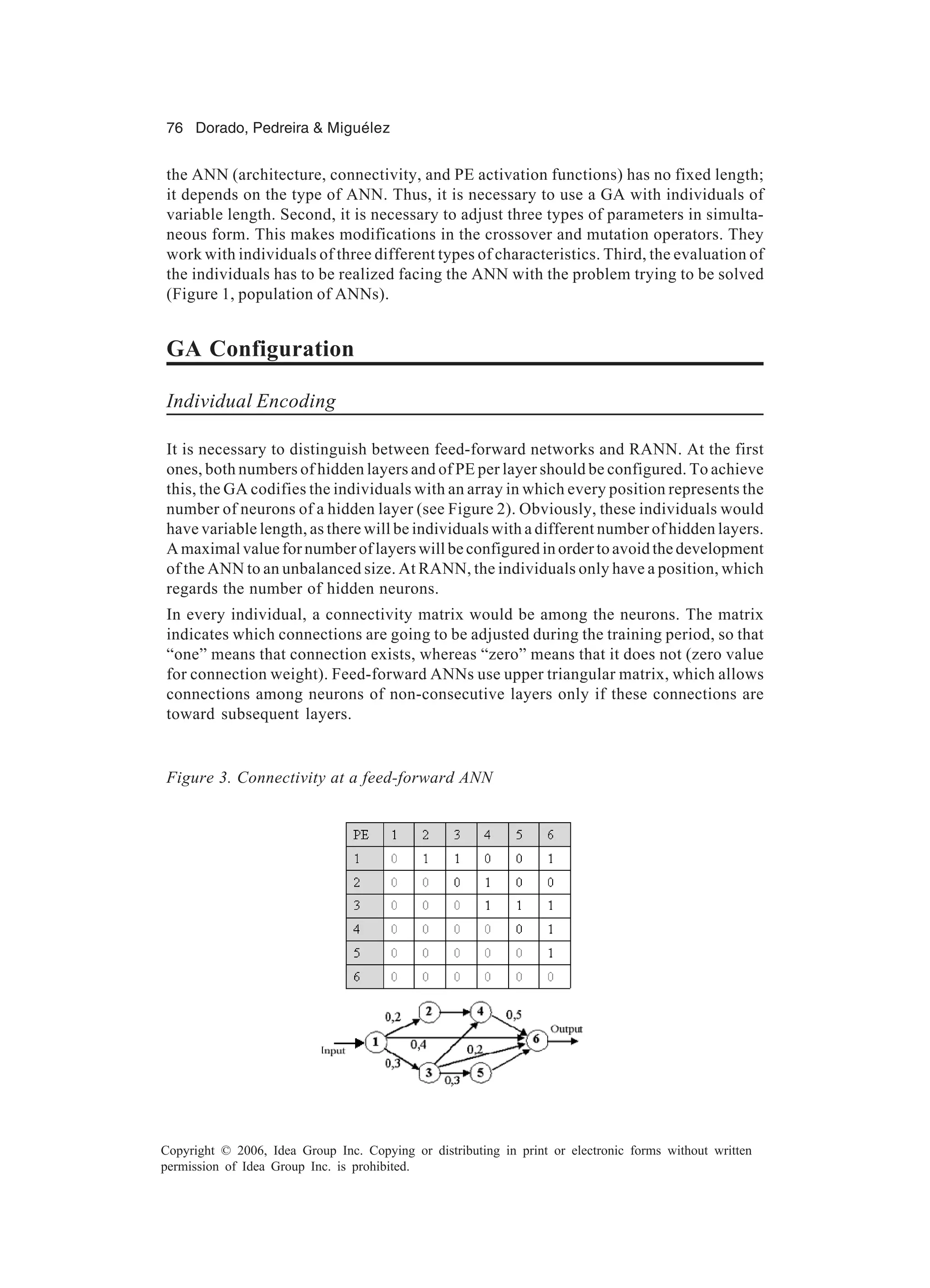 76 Dorado, Pedreira & Miguélez Copyright © 2006, Idea Group Inc. Copying or distributing in print or electronic forms without written permission of Idea Group Inc. is prohibited. the ANN (architecture, connectivity, and PE activation functions) has no fixed length; it depends on the type of ANN. Thus, it is necessary to use a GA with individuals of variable length. Second, it is necessary to adjust three types of parameters in simulta- neous form. This makes modifications in the crossover and mutation operators. They work with individuals of three different types of characteristics. Third, the evaluation of the individuals has to be realized facing the ANN with the problem trying to be solved (Figure 1, population of ANNs). GA Configuration Individual Encoding It is necessary to distinguish between feed-forward networks and RANN. At the first ones, both numbers of hidden layers and of PE per layer should be configured. To achieve this, the GA codifies the individuals with an array in which every position represents the number of neurons of a hidden layer (see Figure 2). Obviously, these individuals would have variable length, as there will be individuals with a different number of hidden layers. A maximal value for number of layers will be configured in order to avoid the development of the ANN to an unbalanced size. At RANN, the individuals only have a position, which regards the number of hidden neurons. In every individual, a connectivity matrix would be among the neurons. The matrix indicates which connections are going to be adjusted during the training period, so that “one” means that connection exists, whereas “zero” means that it does not (zero value for connection weight). Feed-forward ANNs use upper triangular matrix, which allows connections among neurons of non-consecutive layers only if these connections are toward subsequent layers. Figure 3. Connectivity at a feed-forward ANN 