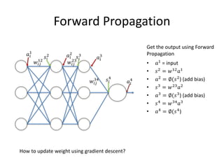 Forward Propagation
• 𝑎1
= input
• 𝑠2
= 𝑤12
𝑎1
• 𝑎2 = ∅(𝑠2) (add bias)
• 𝑠3 = 𝑤23 𝑎2
• 𝑎3 = ∅(𝑠3) (add bias)
• 𝑠4
= 𝑤34
𝑎3
• 𝑎4 = ∅(𝑠4)
𝑠𝑖
3
𝑠𝑖
2
𝑠𝑖
4
𝑎𝑖
3𝑎𝑖
2𝑎𝑖
1
𝑎𝑖
4
𝑤𝑖𝑗
12
𝑤𝑖𝑗
23
𝑤𝑖𝑗
34
Get the output using Forward
Propagation
How to update weight using gradient descent?
 