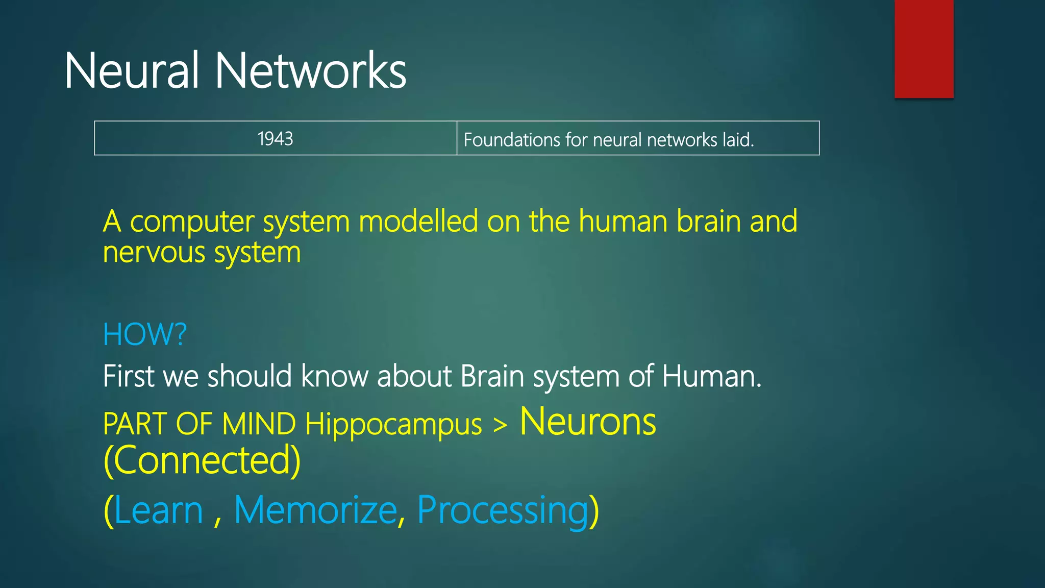 Neural Networks
A computer system modelled on the human brain and
nervous system
HOW?
First we should know about Brain system of Human.
PART OF MIND Hippocampus > Neurons
(Connected)
(Learn , Memorize, Processing)
1943 Foundations for neural networks laid.
 