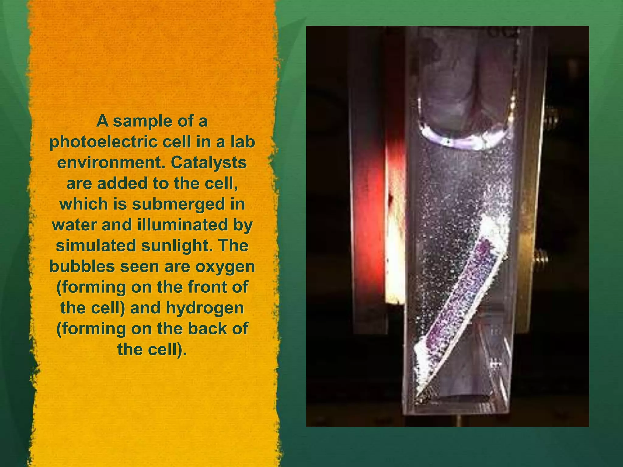 A sample of a
photoelectric cell in a lab
environment. Catalysts
are added to the cell,
which is submerged in
water and illuminated by
simulated sunlight. The
bubbles seen are oxygen
(forming on the front of
the cell) and hydrogen
(forming on the back of
the cell).
 