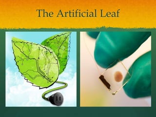 The artificial leaf consist of two connected semiconducting
electrodes placed in water. The electrodes absorb light and
...
