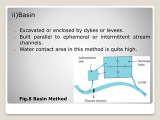 ii)Basin
 Excavated or enclosed by dykes or levees.
 Built parallel to ephemeral or intermittent stream
channels.
 Water contact area in this method is quite high.
Fig.8 Basin Method
 
