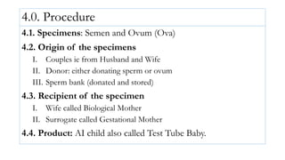 4.0. Procedure
4.1. Specimens: Semen and Ovum (Ova)
4.2. Origin of the specimens
I. Couples ie from Husband and Wife
II. Donor: either donating sperm or ovum
III. Sperm bank (donated and stored)
4.3. Recipient of the specimen
I. Wife called Biological Mother
II. Surrogate called Gestational Mother
4.4. Product: AI child also called Test Tube Baby.
 