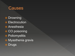  Drowning
Electrocution
Anesthesia
CO poisoning
Poliomyelitis
Myasthenia gravis
Drugs