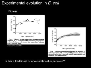 Experimental evolution in E. coli
Lenski and Travisano 1994
Fitness
Is this a traditional or non-traditional experiment?
 