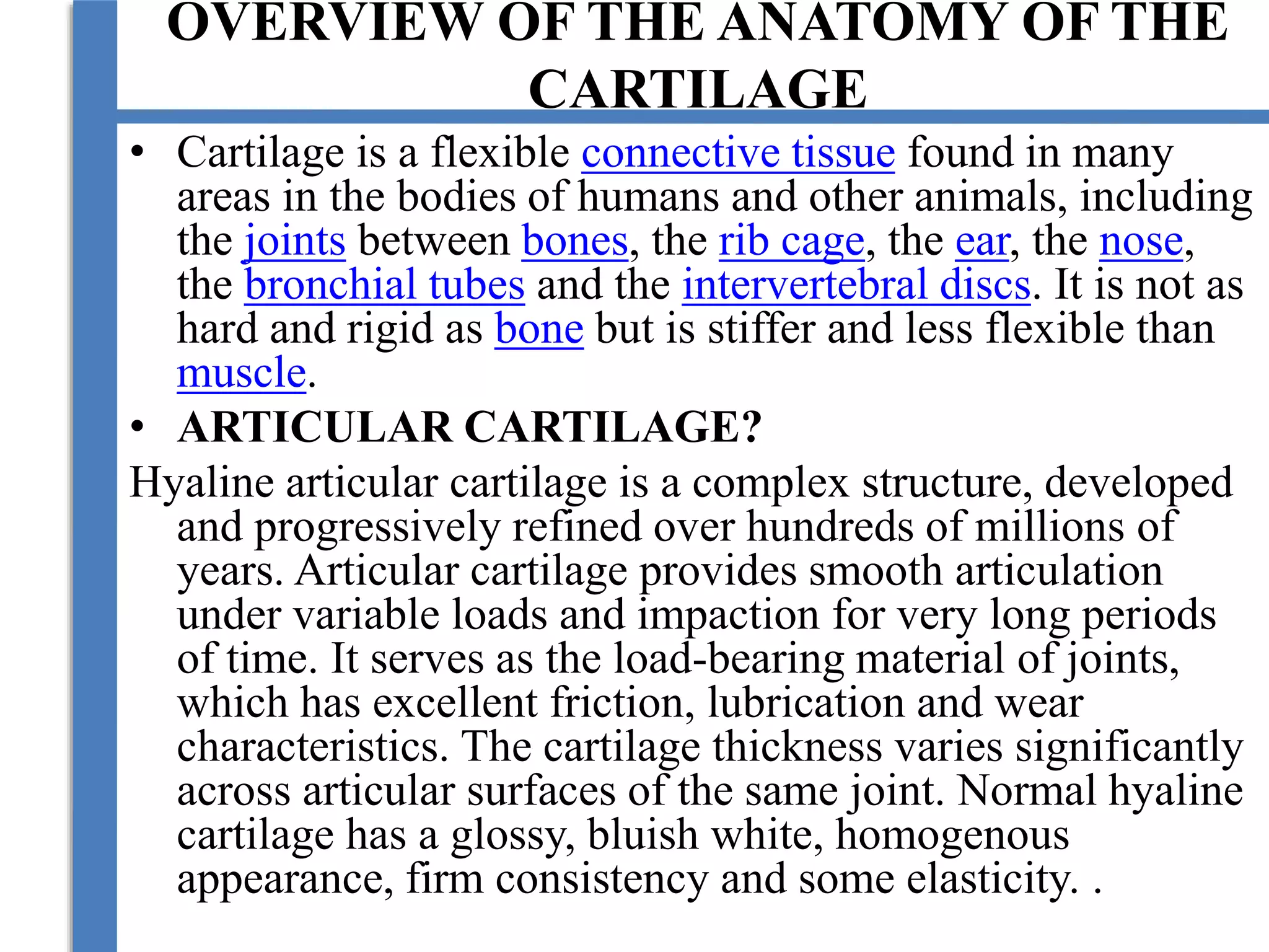 OVERVIEW OF THE ANATOMY OF THE
CARTILAGE
• Cartilage is a flexible connective tissue found in many
areas in the bodies of humans and other animals, including
the joints between bones, the rib cage, the ear, the nose,
the bronchial tubes and the intervertebral discs. It is not as
hard and rigid as bone but is stiffer and less flexible than
muscle.
• ARTICULAR CARTILAGE?
Hyaline articular cartilage is a complex structure, developed
and progressively refined over hundreds of millions of
years. Articular cartilage provides smooth articulation
under variable loads and impaction for very long periods
of time. It serves as the load-bearing material of joints,
which has excellent friction, lubrication and wear
characteristics. The cartilage thickness varies significantly
across articular surfaces of the same joint. Normal hyaline
cartilage has a glossy, bluish white, homogenous
appearance, firm consistency and some elasticity. .
 