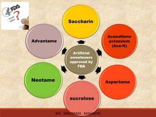 Artificial
sweeteners
approved by
FDA
Saccharin
Acesulfame
potassium
(Ace-K)
Aspartame
sucralose
Neotame
Advantame
MS. NIRUPAMA MAHANTA
 