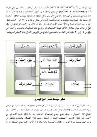 ‫طويلة‬ ‫ذاكرة‬ ‫الى‬ ‫ذلك‬ ‫بعد‬ ‫نقلها‬ ‫ثم‬ ‫لتحليلها‬ ‫وذلك‬ )SHORT TERM MEMORY( ‫مد‬
‫أ‬
‫ال‬ ‫قصيرة‬ ‫ذاكرة‬ ‫في‬
‫وكذلك‬ ‫اإلشكال‬ ‫هذه‬ ‫بين‬ ‫والعالقات‬ ‫ز‬‫والرمو‬ ‫اإلشكال‬ ‫بها‬ ‫يخزن‬ ‫والتي‬ )LONG TERM MEMORY( ‫االمد‬
‫ساسية‬
‫أ‬
‫ال‬ ‫الذاكرة‬ ‫وتعتبر‬ , ‫االحتياطية‬ ‫الذاكرة‬ ‫في‬ ‫معلومة‬ ‫ي‬
‫أ‬
‫ل‬ ‫والتوضيح‬ ‫المعالجة‬ ‫في‬ ‫تستخدم‬ ‫التي‬ ‫العالقات‬
‫لنقل‬‫دقيقة‬20‫الى‬ 51‫من‬‫يقارب‬‫ما‬‫تحتاج‬‫والتي‬‫مد‬
‫أ‬
‫ال‬‫قصيرة‬‫الذاكرة‬‫هي‬‫البيانات‬‫مت‬‫القليل‬‫على‬‫تحتوي‬‫التي‬
‫خاليا‬ ‫في‬ ‫تهتك‬ ‫الى‬ ‫االنسان‬ ‫تعرض‬ ‫اذا‬ ‫انه‬ ‫ذلك‬ ‫على‬ ‫والداللة‬ ‫االمد‬ ‫طويلة‬ ‫ذاكرة‬ ‫في‬ ‫تماما‬ ‫البيانات‬ ‫هذه‬ ‫وتخزين‬
‫التي‬‫المدة‬‫في‬‫يحدث‬‫ما‬‫ولكن‬‫تماما‬‫ثانية‬‫ترجع‬‫ان‬‫لها‬‫يمكن‬‫مد‬
‫أ‬
‫ال‬‫طويلة‬‫الذاكرة‬‫فان‬‫مثال‬‫سيارة‬‫حادثة‬‫في‬‫المخ‬
.‫استرجاعه‬‫يمكن‬‫ال‬‫فانه‬‫حوال‬
‫أ‬
‫ال‬‫من‬‫كثير‬�‫وفي‬‫للضياع‬‫معرض‬‫فانه‬ ‫الحادث‬‫قبل‬‫دقيقة‬ 20‫إلى‬ 15‫من‬‫تبلغ‬
‫البشري‬ ‫المخ‬ ‫لعمل‬ ‫مبسط‬ ‫تمثيل‬
‫تماثل‬ ‫انها‬ ‫على‬ ‫االمد‬ ‫قصيرة‬ ‫الذاكرة‬ ‫اعتبار‬ ‫يمكن‬ ‫فانه‬ ‫اإلنسان‬ ‫وذاكرة‬ ‫الحاسب‬ ‫ذاكرة‬ ‫بين‬ ‫نة‬‫ر‬‫مقا‬ ‫ولعقد‬
‫مثل‬ ‫لحادثة‬ ‫الحاسب‬ ‫تعرض‬ ‫اذا‬ ‫بيانات‬ ‫من‬ ‫بها‬ ‫ما‬ ‫كل‬ ‫تفقد‬ ‫والتي‬ )RAM( ‫للحاسب‬ ‫التشغيل‬ ‫ذاكرة‬
‫مخ‬ ‫في‬ ‫االمد‬ ‫طويلة‬ ‫ذاكرة‬ ‫اما‬ .‫بها‬ ‫نة‬‫و‬‫المخز‬ ‫المعلومات‬ ‫جميع‬ ‫تضيع‬ ‫حيث‬ , ‫الكهربائي‬ ‫التار‬ ‫انقطاع‬
‫في‬ ‫كمتغير‬ ‫والبيانات‬ ‫االشكال‬ ‫تخزن‬ ‫حيث‬ , ‫الصلبة‬ ‫او‬ ‫نة‬‫ر‬‫الم‬ ‫الممغنطة‬ ‫اص‬‫ر‬‫االق‬ ‫تماثل‬ ‫فهي‬ ‫االنسان‬
‫اذا‬ ‫انه‬ ‫الحقيقة‬ ‫وفي‬ , ‫ر‬‫الليز‬ ‫اص‬‫ر‬‫اق‬ ‫او‬ ‫كثافة‬�‫ال‬ ‫عالية‬ ‫المدمجة‬ ‫اص‬‫ر‬‫االق‬ ‫او‬ ‫القرص‬ ‫لمادة‬ ‫المغناطيسية‬ ‫نوعيه‬
 