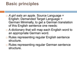 Basic principles
 A girl eats an apple. Source Language =
English; Demanded Target Language =
German Minimally, to get a German translation
of this English sentence one needs:
 A dictionary that will map each English word to
an appropriate German word.
 Rules representing regular English sentence
structure.
 Rules representing regular German sentence
structure.
 