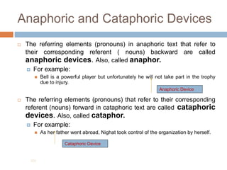 Anaphoric and Cataphoric Devices
 The referring elements (pronouns) in anaphoric text that refer to
their corresponding referent ( nouns) backward are called
anaphoric devices. Also, called anaphor.
 For example:
 Bell is a powerful player but unfortunately he will not take part in the trophy
due to injury.
 The referring elements (pronouns) that refer to their corresponding
referent (nouns) forward in cataphoric text are called cataphoric
devices. Also, called cataphor.
 For example:
 As her father went abroad, Nighat took control of the organization by herself.
201
Anaphoric Device
Cataphoric Device
 