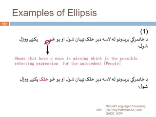 Examples of Ellipsis
Natural Language Processing
(NLP) by Rahman Ali, Lect:
QACC, UOP
209
6
Septemb
er 2015
(1)
‫ل‬‫ژ‬‫و‬‫و‬‫پکښے‬ ‫څو‬‫يو‬ ‫او‬‫ل‬‫شو‬‫ټپيان‬‫خلک‬‫ډير‬ ‫السه‬‫له‬‫بريدونو‬ ‫ځانمرګې‬ ‫د‬
‫ل‬‫شو‬-
‫څو‬‫يو‬ ‫او‬‫ل‬‫شو‬‫ټپيان‬‫خلک‬‫ډير‬‫السه‬‫له‬‫بريدونو‬ ‫ځانمرګې‬‫د‬‫خلک‬‫ل‬‫ژ‬‫و‬‫و‬‫پکښے‬
‫ل‬‫شو‬-
Shows that here a noun is missing which is the possible
referring expression for the antecedent [People]
 