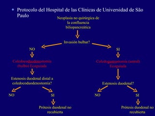 Protocolo del Hospital de las Clínicas de Universidad de São Paulo Neoplasia no quirúrgica de la confluencia biliopancreática Invasión  bulbar? NO SI Coledoco duodeno stomia (bulbo) Ecoguiada Coledo gastro stomia (antral) Ecoguiada Estenosis duodenal distal a coledocoduodenostomia ? Estenosis  duodenal? NO SI NO SI Prótesis duodenal no recubierta Prótesis duodenal no recubierta 