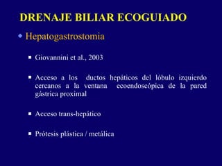 Hepatogastrostomia Giovannini et al., 2003 Acceso a los  ductos hepáticos del lóbulo izquierdo cercanos a la ventana  ecoendoscópica de la pared gástrica proximal Acceso trans-hepático Prótesis plástica / metálica DRENAJE BILIAR ECOGUIADO 