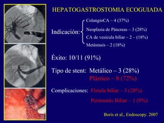 Boris et al., Endoscopy. 2007 HEPATOGASTROSTOMIA ECOGUIADA Indicación : ColangioCA – 4 (37%) Neoplasia de Páncreas  – 3 (28%) CA de vesícula biliar – 2 – (18%) Metástasis  – 2 (18%) Tipo de stent:  Metálico – 3 (28%) Plástico – 8 (72%) Complicaciones:   Fístula biliar – 3 (28%)   Peritonitis Biliar  – 1 (9%) Éxito : 10/11 (91%) 