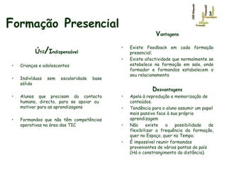 F ormação   P resencial Ú til / I ndispensável Crianças e adolescentes Indivíduos sem escolaridade base sólida Alunos que precisam do contacto humano, directo, para se apoiar ou  motivar para as aprendizagens   Formandos que não têm competências operativas na área das TIC   V antagens Existe Feedback em cada formação presencial;  Existe afectividade que normalmente se estabelece na formação em sala, onde formador e formandos estabelecem o seu relacionamento D esvantagens Apela à reprodução e memorização de conteúdos. Tendência para o aluno assumir um papel mais passivo face à sua própria aprendizagem Não existe a possibilidade de flexibilizar a frequência da formação, quer no Espaço, quer no Tempo;  É impossível reunir formandos provenientes de vários pontos do país (Há o constrangimento da distância).  