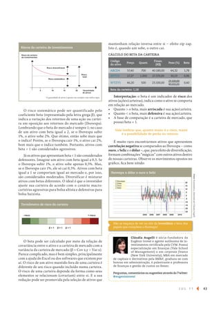 J U L 1 1 43
Cláudia Augelli é sócia-fundadora da
Eugênio Invest e agente autônoma de in-
vestimentos certiﬁcada pela CVM. Possui
especialização em ﬁnanças (Yale School
of Management) e em corporate finance
(New York University), MBA em mercado
de capitais e derivativos pela BM&F, graduou-se com
honras em administração, é palestrante e professora
de ﬁnanças e gestão de custos no Ibmec.
Perguntas, comentários ou sugestões através do Twitter:
@eugenioinvest
*A quantidade de ativos é apenas um exemplo e não indica regra.
Risco da carteira
de investimentos
Risco diversi•cável
*Quantidade
de ativos
5 10 15 20
Risco sistemático
Risco
total
Riscos da carteira de investimentos
- risco + risco
! < 1 ! = 1 ! > 1
Termômetro de risco da carteira
Código
do ativo
Preço Quant.
Finan.
(R$)
Peso (%) Beta
ABCD4 57,40 700 40.180,00 44,32 1,78
XPTO3 27,37 1.000 27.370,00 30,19 0,96
WTZY5 46,20 500 23.100,00
23.100,00
90.650,00
0,40
Beta da carteira: 1,18
CÁLCULO DO BETA DA CARTEIRA
O risco sistemático pode ser quantificado pelo
coeficiente beta (representado pela letra grega b), que
indica a variação dos retornos de uma ação ou cartei-
ra em oposição aos retornos do mercado (Ibovespa).
Lembrando que o beta do mercado é sempre 1; no caso
de um ativo com beta igual a 2, se o Ibovespa subir
1%, o ativo sobe 2%. Que ótimo, então sobe mais que
o índice! Porém, se o Ibovespa cair 1%, o ativo cai 2%,
bem mais que o índice também. Portanto, ativos com
beta > 1 são considerados agressivos.
Já os ativos que apresentam beta < 1 são considerados
defensores. Imagine um ativo com beta igual a 0,5. Se
o Ibovespa subir 1%, o ativo sobe apenas 0,5%. Mas,
se o Ibovespa cair 1%, ele só cai 0,5%. Ativos com beta
igual a 1 se comportam igual ao mercado e, por isso,
são considerados moderados. Diversificar é misturar
ativos com betas diferentes. O ideal é que o investidor
ajuste sua carteira de acordo com o cenário macro:
carteiras agressivas para bolsa altista e defensivas para
bolsa baixista.
mantenham relação inversa entre si − efeito zip-zap.
Isto é, quando um sobe, o outro cai.
O beta pode ser calculado por meio da relação de
covariância entre o ativo e a carteira de mercado com a
variância da carteira de mercado (b = Cov x,y ÷ Var x).
Parece complicado, mas é bem simples, principalmente
com a ajuda do Excel ou dos softwares que existem por
aí. O risco de um ativo mantido fora de uma carteira é
diferente de seu risco quando incluído numa carteira.
O risco de uma carteira depende da forma como seus
elementos se relacionam (covariam) entre si. E a sua
redução pode ser promovida pela seleção de ativos que
Interpretação: o beta é um indicador de risco dos
ativos (ações/carteiras), indica como o ativo se comporta
em relação ao mercado.
Quanto > o beta, mais arriscada é sua ação/carteira.
Quanto < o beta, mais defensiva é sua ação/carteira.
A base de comparação é a carteira de mercado, que
possui beta = 1.
Vale lembrar que, quanto maior é o risco, maior
é a possibilidade de perda ou retorno.
É muito raro encontrarmos ativos que apresentem
correlação negativa se comparados ao Ibovespa − como
ouro,a Selic eodólar−,que,paraefeitodediversificação,
formamcombinações“mágicas”comoutrosativosdentro
de nossas carteiras. Observe os movimentos opostos no
gráfico, fica bem nítido:
Fonte:Economática,elaboradoporCláudiaAugelli.
Ibovespa x dólar x ouro x Selic
20
15
10
5
0
-5
-10
-15
-20
-25
201020092008200720062005
Ibovespa
Dólar
Ouro
Selic
Não se esqueça de ver no site da InvestMais o beta dos
papeis que compõem o Ibovespa!
 