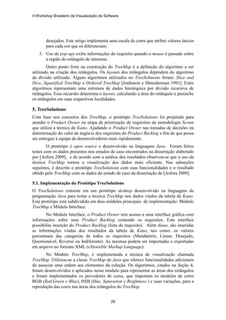 desejados. Este artigo implementa uma escala de cores que atribui valores únicos
para cada cor que os diferenciam;
3. Uso de pop-ups exibe informações do requisito quando o mouse é passado sobre
a região do retângulo de interesse.
Outro ponto forte na construção do TreeMap é a definição do algoritmo a ser
utilizado na criação dos retângulos. Os layouts dos retângulos dependem do algoritmo
de divisão utilizado. Alguns algoritmos utilizados no TreeSoltuions foram: Slice and
Dice, Squarified TreeMap e Ordered TreeMap [Jonhnson e Shneiderman 1991]. Estes
algoritmos representam uma estrutura de dados hierárquica por divisão recursiva de
retângulos. Essa recursão determina o layout, calculando a área do retângulo e preenche
os retângulos em suas respectivas localidades.
5. TreeSolutions
Com base nos conceitos dos TreeMap, o protótipo TreeSolutions foi projetado para
atender o Product Owner na etapa de priorização de requisitos da metodologia Scrum
que utiliza a técnica de Kano. Ajudando o Product Owner nas tomadas de decisões na
determinação do valor de negócio dos requisitos do Product Backlog a fim de que possa
ser entregue à equipe de desenvolvedores mais rapidamente.
O protótipo é open source e desenvolvido na linguagem Java. Foram feitos
testes com os dados presentes nos estudos de caso encontrados na dissertação elaborado
por [Asfora 2009], e de acordo com a análise dos resultados observou-se que o uso da
técnica TreeMap tornou a visualização dos dados mais eficiente. Nas subseções
seguintes, é descrito o protótipo TreeSolutions com suas funcionalidades e o resultado
obtido pelo TreeMap com os dados do estudo de caso da dissertação de [Asfora 2009].
5.1. Implementação do Protótipo TreeSolutions
O TreeSolutions consiste em um protótipo desktop desenvolvido na linguagem de
programação Java para testar a técnica TreeMap nos dados vindos da tabela de Kano.
Este protótipo está subdividido em dois módulos principais de implementação: Módulo
TreeMap e Módulo Interface.
No Módulo Interface, o Product Owner tem acesso a uma interface gráfica com
informações sobre seus Product Backlog contendo os requisitos. Esta interface
possibilita inserção do Product Backlog (lista de requisito). Além disso, são inseridas
as informações vindas dos resultados da tabela de Kano, tais como: os valores
percentuais das categorias de todos os requisitos (Mandatório, Linear, Desejado,
Questionável, Reverso ou Indiferente). As mesmas podem ser importadas e exportadas
em arquivo no formato XML (eXtensible Markup Language).
No Módulo TreeMap, é implementada a técnica de visualização chamada
TreeMap. Utilizou-se a classe TreeMap de Java que oferece funcionalidades adicionais
de associar uma ordem aos elementos da coleção. Os algoritmos, citados na Seção 4,
foram desenvolvidos e aplicados nesse módulo para representar as áreas dos retângulos
e foram implementados os provedores de cores, que importam os modelos de cores
RGB (Red,Green e Blue), HSB (Hue, Saturation e Brightness ) e suas variações, para a
reprodução das cores nas áreas dos retângulos do TreeMap.
II Workshop Brasileiro de Visualização de Software
29
 
