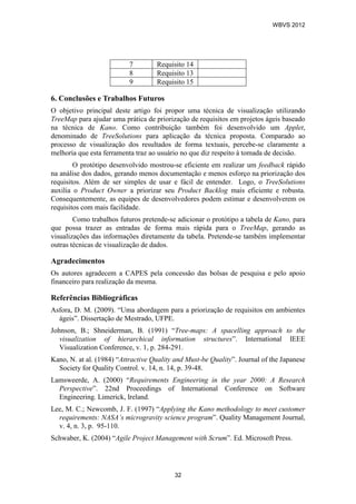 7 Requisito 14
8 Requisito 13
9 Requisito 15
6. Conclusões e Trabalhos Futuros
O objetivo principal deste artigo foi propor uma técnica de visualização utilizando
TreeMap para ajudar uma prática de priorização de requisitos em projetos ágeis baseado
na técnica de Kano. Como contribuição também foi desenvolvido um Applet,
denominado de TreeSolutions para aplicação da técnica proposta. Comparado ao
processo de visualização dos resultados de forma textuais, percebe-se claramente a
melhoria que esta ferramenta traz ao usuário no que diz respeito à tomada de decisão.
O protótipo desenvolvido mostrou-se eficiente em realizar um feedback rápido
na análise dos dados, gerando menos documentação e menos esforço na priorização dos
requisitos. Além de ser simples de usar e fácil de entender. Logo, o TreeSolutions
auxilia o Product Owner a priorizar seu Product Backlog mais eficiente e robusta.
Consequentemente, as equipes de desenvolvedores podem estimar e desenvolverem os
requisitos com mais facilidade.
Como trabalhos futuros pretende-se adicionar o protótipo a tabela de Kano, para
que possa trazer as entradas de forma mais rápida para o TreeMap, gerando as
visualizações das informações diretamente da tabela. Pretende-se também implementar
outras técnicas de visualização de dados.
Agradecimentos
Os autores agradecem a CAPES pela concessão das bolsas de pesquisa e pelo apoio
financeiro para realização da mesma.
Referências Bibliográficas
Asfora, D. M. (2009). “Uma abordagem para a priorização de requisitos em ambientes
ágeis”. Dissertação de Mestrado, UFPE.
Johnson, B.; Shneiderman, B. (1991) “Tree-maps: A spacelling approach to the
visualization of hierarchical information structures”. International IEEE
Visualization Conference, v. 1, p. 284-291.
Kano, N. at al. (1984) “Attractive Quality and Must-be Quality”. Journal of the Japanese
Society for Quality Control. v. 14, n. 14, p. 39-48.
Lamsweerde, A. (2000) “Requirements Engineering in the year 2000: A Research
Perspective”. 22nd Proceedings of International Conference on Software
Engineering. Limerick, Ireland.
Lee, M. C.; Newcomb, J. F. (1997) “Applying the Kano methodology to meet customer
requirements: NASA’s microgravity science program”. Quality Management Journal,
v. 4, n. 3, p. 95-110.
Schwaber, K. (2004) “Agile Project Management with Scrum”. Ed. Microsoft Press.
WBVS 2012
32
 