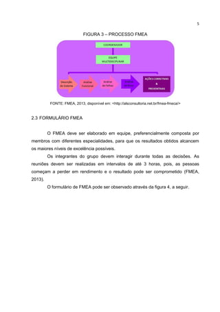 5
FIGURA 3 – PROCESSO FMEA
FONTE: FMEA, 2013, disponível em: <http://alsconsultoria.net.br/fmea-fmeca/>
2.3 FORMULÁRIO FMEA
O FMEA deve ser elaborado em equipe, preferencialmente composta por
membros com diferentes especialidades, para que os resultados obtidos alcancem
os maiores níveis de excelência possíveis.
Os integrantes do grupo devem interagir durante todas as decisões. As
reuniões devem ser realizadas em intervalos de até 3 horas, pois, as pessoas
começam a perder em rendimento e o resultado pode ser comprometido (FMEA,
2013).
O formulário de FMEA pode ser observado através da figura 4, a seguir.
 