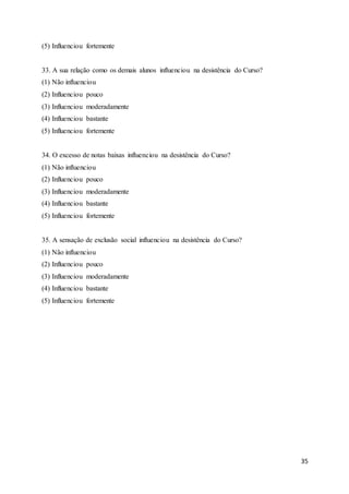 35
(5) Influenciou fortemente
33. A sua relação como os demais alunos influenciou na desistência do Curso?
(1) Não influenciou
(2) Influenciou pouco
(3) Influenciou moderadamente
(4) Influenciou bastante
(5) Influenciou fortemente
34. O excesso de notas baixas influenciou na desistência do Curso?
(1) Não influenciou
(2) Influenciou pouco
(3) Influenciou moderadamente
(4) Influenciou bastante
(5) Influenciou fortemente
35. A sensação de exclusão social influenciou na desistência do Curso?
(1) Não influenciou
(2) Influenciou pouco
(3) Influenciou moderadamente
(4) Influenciou bastante
(5) Influenciou fortemente
 