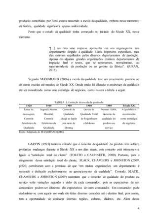 4
produção concebidas por Ford, estava nascendo a escola da qualidade, embora nesse momento
da história, qualidade significava apenas uniformidade.
Posto que o estudo da qualidade tenha começado no iniciado do Século XX, nesse
momento
“[...] era raro uma empresa apresentar em seu organograma um
departamento dirigido à qualidade. Havia inspetores específicos, mas
eles estavam espalhados pelos diversos departamentos de produção.
Apenas em algumas grandes organizações existiam departamentos de
inspeção final e testes, que se reportavam, normalmente, ao
superintendente da produção ou ao gerente da fábrica”. (JURAN,
2016).
Segundo MAXIMIANO (2006) a escola da qualidade teve um crescimento paralelo ao
de outras escolas até meados do Século XX. Desde então foi dilatado o arcabouço da qualidade
até ser considerada como uma estratégia de negócios, como mostra a tabela a seguir.
TABELA 1. Evolução da escola da qualidade.
1920 1940 1950 1960 1980 Século XXI
Linha de
montagem;
Controle
Estatístico da
Qualidade
Segunda Guerra
Mundial;
Controle
Estatístico da
Qualidade
Controle da
Qualidade
chega ao Japão
por meio de
Deming
Gestão da
Qualidade Total
de Feigenbaum
e Ishikawa
Normas ISSO;
Garantia da
qualidade do
produto ou
serviço
A qualidade é
reconhecida
como estratégia
de negócios
Fonte: Adaptado de MAXIMIANO (2006).
GARVIN (1993) também entende que o conceito de qualidade do produto tem sofrido
profundas mudanças durante o Século XX e nos dias atuais, este conceito está intimamente
ligado à “satisfação total do cliente” (TOLETO e CARPINETTI, 2000). Portanto, para o
atingimento dessa satisfação total do cliente, SLACK, CHAMBERS e JOHNSTON (2009,
p.520) corroboram com a premissa de que “em muitas organizações um departamento é
separado e dedicado exclusivamente ao gerenciamento da qualidade”. Contudo, SLACK,
CHAMBERS e JOHNSTON (2009) sustentam que o conceito de qualidade do produto ou
serviço sofre variações segundo a visão de cada consumidor, pois as expectativas de um
consumidor podem ser diferentes das expectativas de outro consumidor. Um consumidor pode
deslumbrar-se com aquele voo onde são feitas diversas conexões até o destino final, pois assim,
tem a oportunidade de conhecer diversas regiões, culturas, dialetos, etc. Além dessa
 
