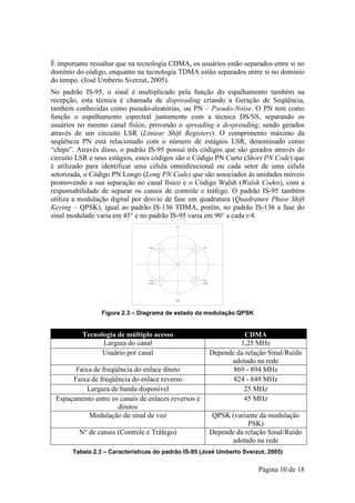 É importante ressaltar que na tecnologia CDMA, os usuários estão separados entre si no
domínio do código, enquanto na tecnologia TDMA estão separados entre si no domínio
do tempo. (José Umberto Sverzut, 2005).
No padrão IS-95, o sinal é multiplicado pela função do espalhamento também na
recepção, esta técnica é chamada de dispreading criando a Geração de Seqüência,
também conhecidas como pseudo-aleatórias, ou PN – Pseudo-Noise. O PN tem como
função o espalhamento espectral juntamente com a técnica DS/SS, separando os
usuários no mesmo canal físico, provendo o spreading e despreading, sendo gerados
através de um circuito LSR (Liniear Shift Registers). O comprimento máximo da
seqüência PN está relacionado com o número de estágios LSR, denominado como
“chips”. Através disso, o padrão IS-95 possui três códigos que são gerados através do
circuito LSR e seus estágios, estes códigos são o Código PN Curto (Short PN Code) que
é utilizado para identificar uma célula omnidirecional ou cada setor de uma célula
setorizada, o Código PN Longo (Long PN Code) que são associados às unidades móveis
promovendo a sua separação no canal físico e o Código Walsh (Walsh Codes), com a
responsabilidade de separar os canais de controle e tráfego. O padrão IS-95 também
utiliza a modulação digital por desvio de fase em quadratura (Quadrature Phase Shift
Keying – QPSK), igual ao padrão IS-136 TDMA, porém, no padrão IS-136 a fase do
sinal modulado varia em 45° e no padrão IS-95 varia em 90° a cada r/4.




                 Figura 2.3 – Diagrama de estado da modulação QPSK


          Tecnologia de múltiplo acesso                          CDMA
                Largura do canal                               1,25 MHz
                Usuário por canal                     Depende da relação Sinal/Ruído
                                                            adotado na rede
       Faixa de freqüência do enlace direto                  869 - 894 MHz
      Faixa de freqüência do enlace reverso                  824 - 849 MHz
           Largura de banda disponível                          25 MHz
 Espaçamento entre os canais de enlaces reversos e              45 MHz
                     diretos
            Modulação do sinal de voz                  QPSK (variante da modulação
                                                                  PSK)
         N° de canais (Controle e Tráfego)            Depende da relação Sinal/Ruído
                                                            adotado na rede
       Tabela 2.3 – Características do padrão IS-95 (José Umberto Sverzut, 2005)


                                                                       Página 10 de 18
 