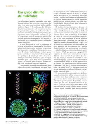 B I O Q U Í M I C A 
Um grupo distinto 
de moléculas 
Os carboidratos, também conhecidos como glicí-dios 
ou açúcares, são moléculas constituintes dos 
seres vivos, assim como proteínas, lipídios e ácidos 
nucléicos (figura 1). A combinação das diferentes 
funções bioquímicas de cada uma dessas molécu-las 
permite a integridade da célula e de todos os 
processos metabólicos, fisiológicos e genéticos dos 
organismos vivos. Antigamente, acreditava-se que 
os carboidratos estavam envolvidos apenas com 
funções estruturais e energéticas. Isso decorria da 
dificuldade técnica no estudo químico e biológico 
desses compostos. 
A partir da década de 1970, o surgimento de 
técnicas avançadas de cromatografia, eletroforese 
e espectrometria permitiu ampliar a compreensão 
das funções dos carboidratos. Hoje existe um novo 
ramo da ciência – a glicobiologia – voltado apenas 
para o estudo desses compostos. Sabe-se agora que 
eles participam da sinalização entre células e da 
interação entre outras moléculas, ações biológicas 
essenciais para a vida. Além disso, sua estrutura 
química se revelou mais variável e diversificada 
que a das proteínas e dos ácidos nucléicos. 
Os primórdios do estudo de carboidratos estão 
ligados ao seu uso como agentes adoçantes (mel) 
26 • CIÊNCIA HOJE • vol. 39 • nº 233 
ou no preparo do vinho a partir da uva. Nos escri-tos 
dos alquimistas mouros, no século 12, há refe-rências 
ao açúcar da uva, conhecido hoje como 
glicose. Os relatos iniciais sobre açúcares na histó-ria 
vêm dos árabes e persas. Na Europa, o primeiro 
agente adoçante foi sem dúvida o mel, cuja com-posição 
inclui frutose, glicose, água, vitaminas e 
muitas outras substâncias. 
Há indícios de que Alexandre, o Grande – o 
imperador Alexandre III da Macedônia (356-323 
a.C.) – introduziu na Europa o açúcar obtido da 
cana-de-açúcar, conhecido hoje como sacarose (e o 
primeiro açúcar a ser cristalizado). A dificuldade 
do cultivo da cana-de-açúcar no clima europeu le-vou 
ao uso, como alternativa, do açúcar obtido da 
beterraba (glicose), cristalizado em 1747 pelo far-macêutico 
alemão Andreas Marggraf (1709-1782). 
A história dos carboidratos está associada a seu 
efeito adoçante, mas hoje sabemos que a maioria 
desses compostos não apresenta essa propriedade. 
A análise da glicose revelou sua fórmula quími-ca 
básica – CH2O, que apresenta a proporção de 
um átomo de carbono para uma molécula de água. 
Daí vem o nome carboidrato (ou hidrato de carbo-no). 
Tal proporção mantém-se em todos os com-postos 
desse grupo. Os mais simples, chamados de 
monossacarídeos, podem ter de três a sete átomos 
de carbono, e os mais conhecidos – glicose, frutose 
e galactose – têm seis. A fórmula desses três açú-cares 
é a mesma, C6H12O6, mas eles diferem no 
arranjo dos átomos de carbono, hidrogênio e oxigê-nio 
em suas moléculas. 
Os monossacarídeos, principalmente as hexo-ses, 
podem se unir em cadeia, formando desde dis-sacarídeos 
(com duas unidades, como a sacarose, 
que une uma frutose e uma glicose) até polissaca-rídeos 
(com grande número de unidades, como o 
amido, que tem cerca de 1.400 moléculas de gli-cose, 
e a celulose, formada por entre 10 mil e 15 
mil moléculas de glicose). Embora muitos polissa-carídeos 
sejam formados pela mesma unidade 
Figura 1. Estruturas representativas de algumas 
macromoléculas biológicas: em A, ácido desoxirribonucléico, 
ou DNA (as fitas laterais representam os carboidratos 
ligados a grupos fosfatos e as ‘hastes’ do interior, em azul, 
vermelho e branco, são as bases nitrogenadas que formam 
o código genético); em B, albumina, proteína mais 
abundante do plasma, com 585 aminoácidos e rica 
em estruturas espirais conhecidas como ‘hélices’ 
(cada cor representa uma região da proteína); 
em C, micela, uma estrutura formada por várias moléculas 
de lipídio em solução aquosa (as linhas verdes representam 
a ‘cauda’ hidrofóbica e as esferas azuis a ‘cabeça’ 
hidrofílica); em D, a glicose, principal monossacarídeo 
da natureza, formada por átomos de hidrogênio (em cinza), 
oxigênio (em vermelho) e carbono (em verde) 
 