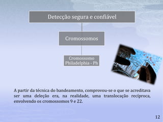 12
A partir da técnica do bandeamento, comprovou-se o que se acreditava
ser uma deleção era, na realidade, uma translocação recíproca,
envolvendo os cromossomos 9 e 22.
Detecção segura e confiável
Cromossomos
Cromossomo
Philadelphia - Ph
 