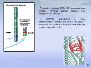 16
• A proteína mutante BCR/ ABL apresenta uma
atividade tirosina quinase elevada pela
patogênese da doença.
• O BCR/ABL transforma a célula
hematopoiética normal em células malignas e
apresenta uma mieloproliferação contínua que
resulta em proliferação.
 